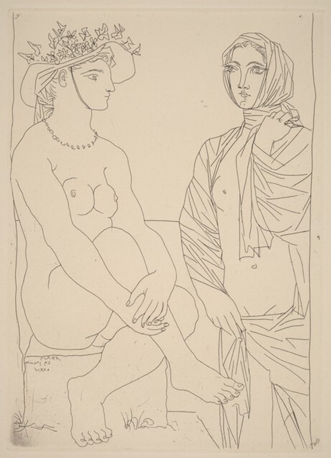 At the Bath. Woman in a Hat with Flowers and Woman Draped in a Towel (Au bain) by Pablo Picasso