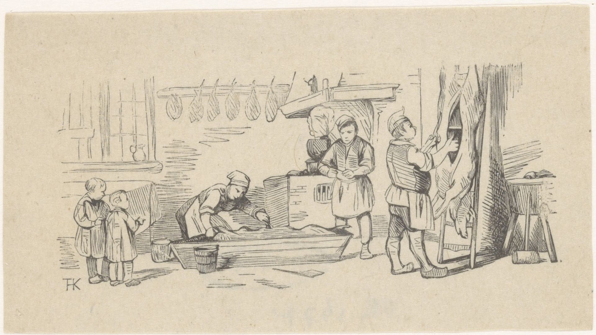 Figuren in een keuken waarin een varken wordt uitgebeend by Theodorus Henricus Kerstel