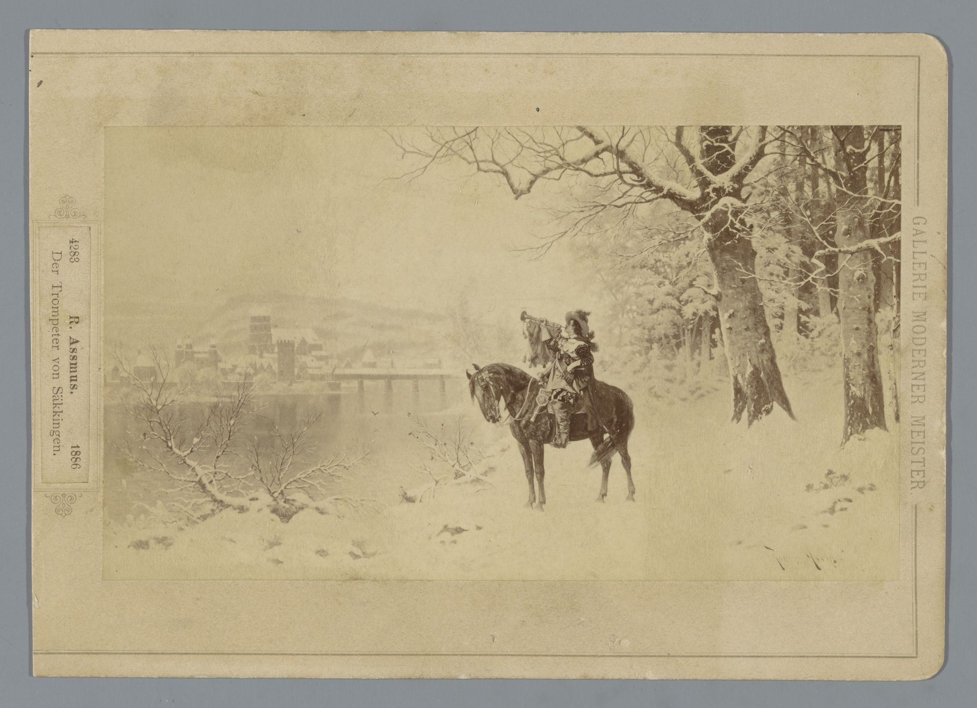Fotoreproductie van een schilderij van een man met een trompet op een paard in de sneeuw by Anonymous