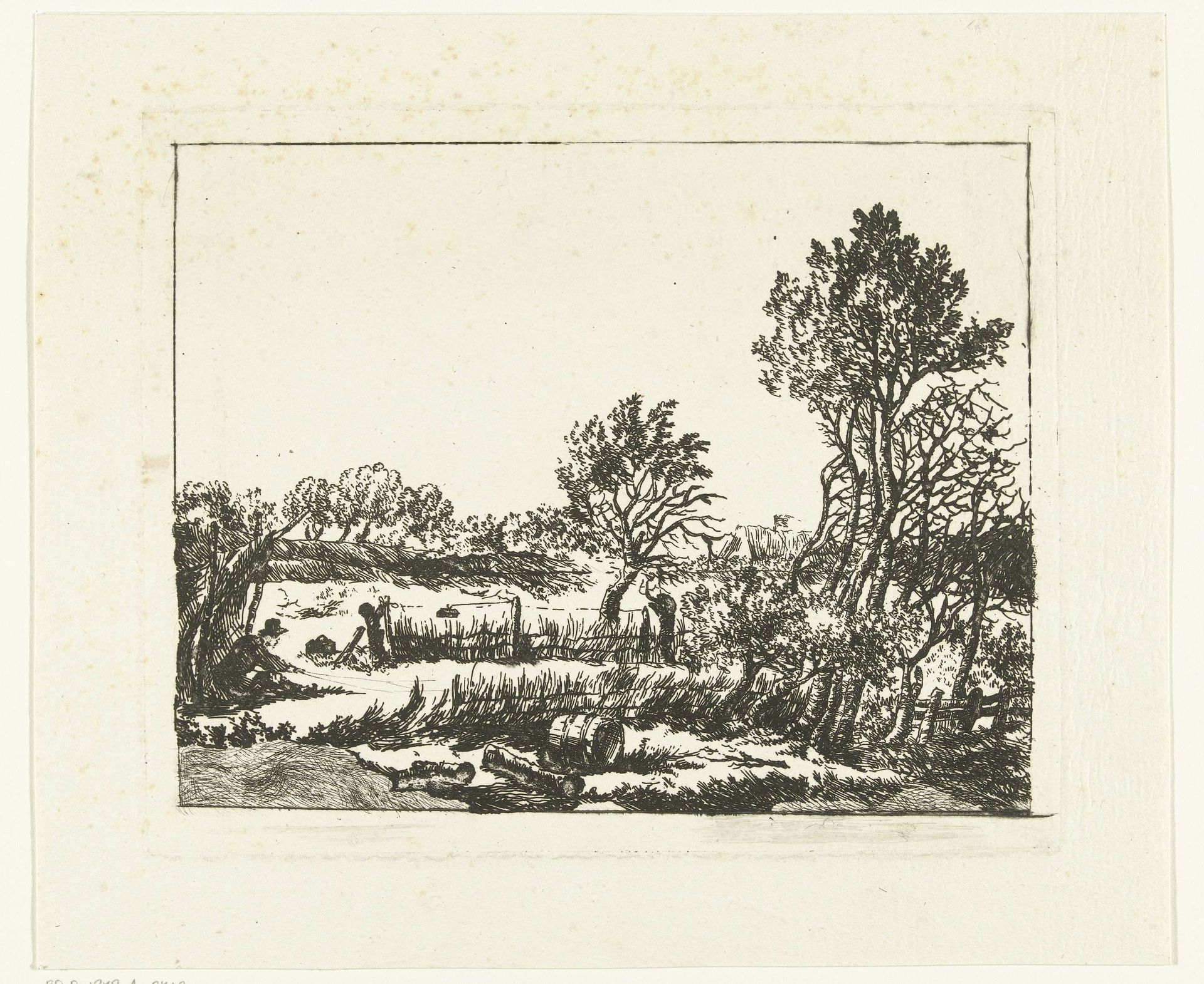 Landschap met man die vogels vangt in weide by Dirk Vis Blokhuyzen
