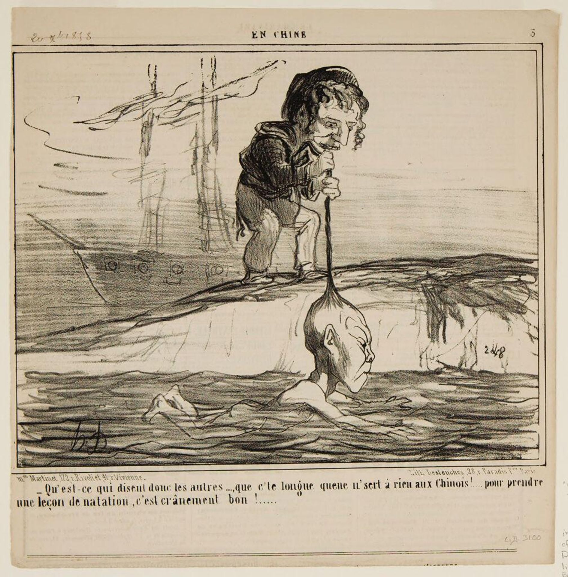 "Why is it that the others say...that this long pigtail is of no use to the Chinese!...it's great for taking swimming lessons..." by Honoré Daumier