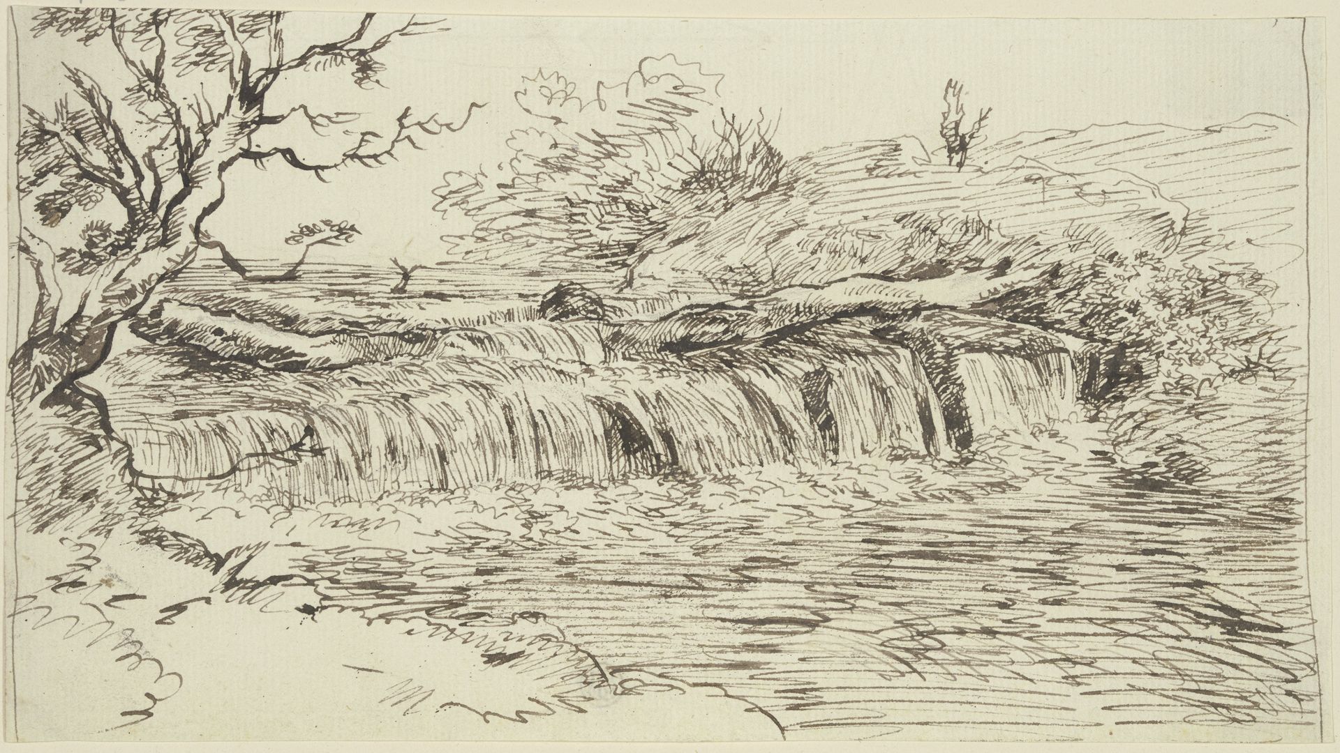 Fluß mit breitem, niedrigem Wasserfall by Franz Kobell