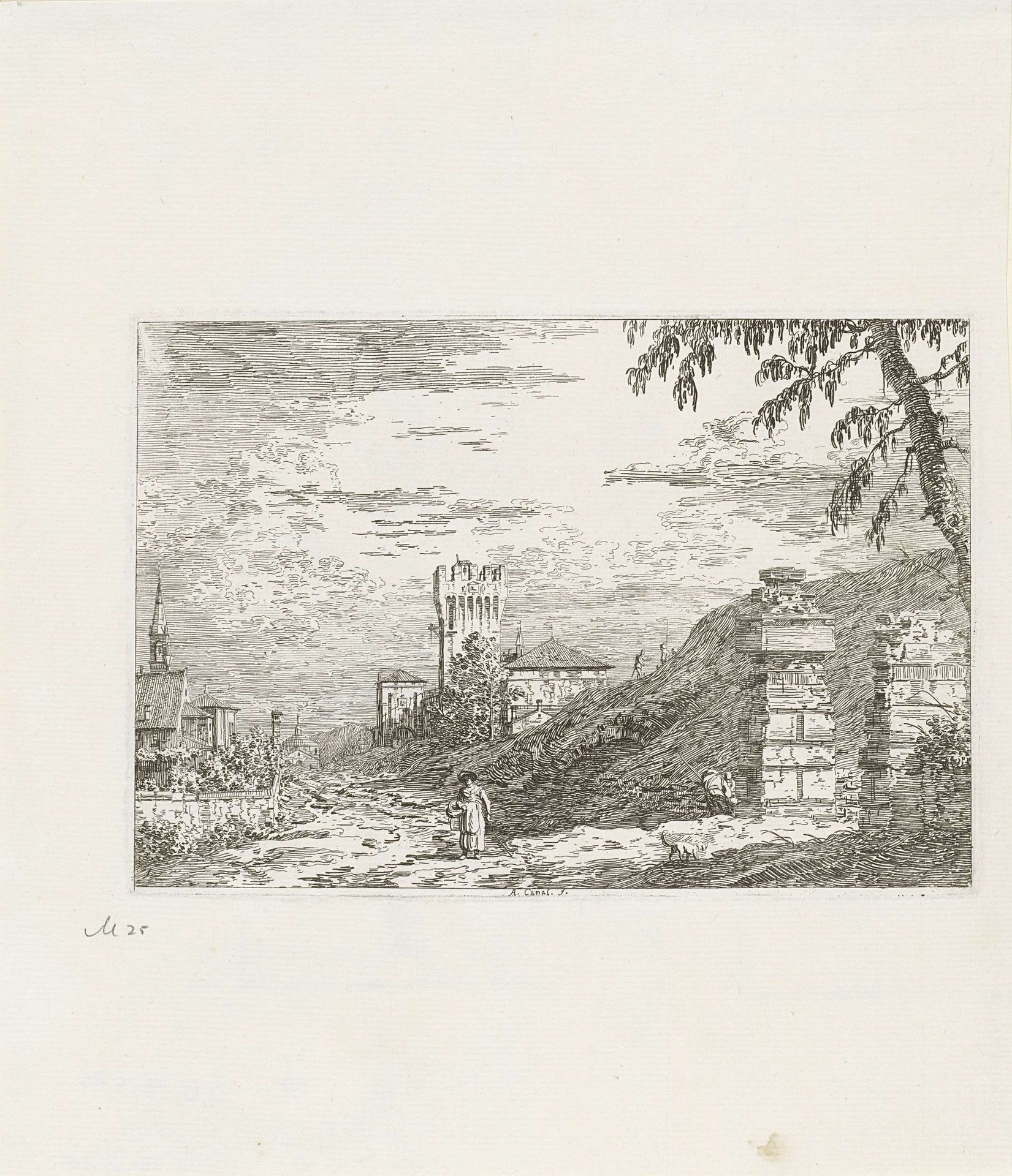 Landschap met toren en twee resten van pijlers by Canaletto