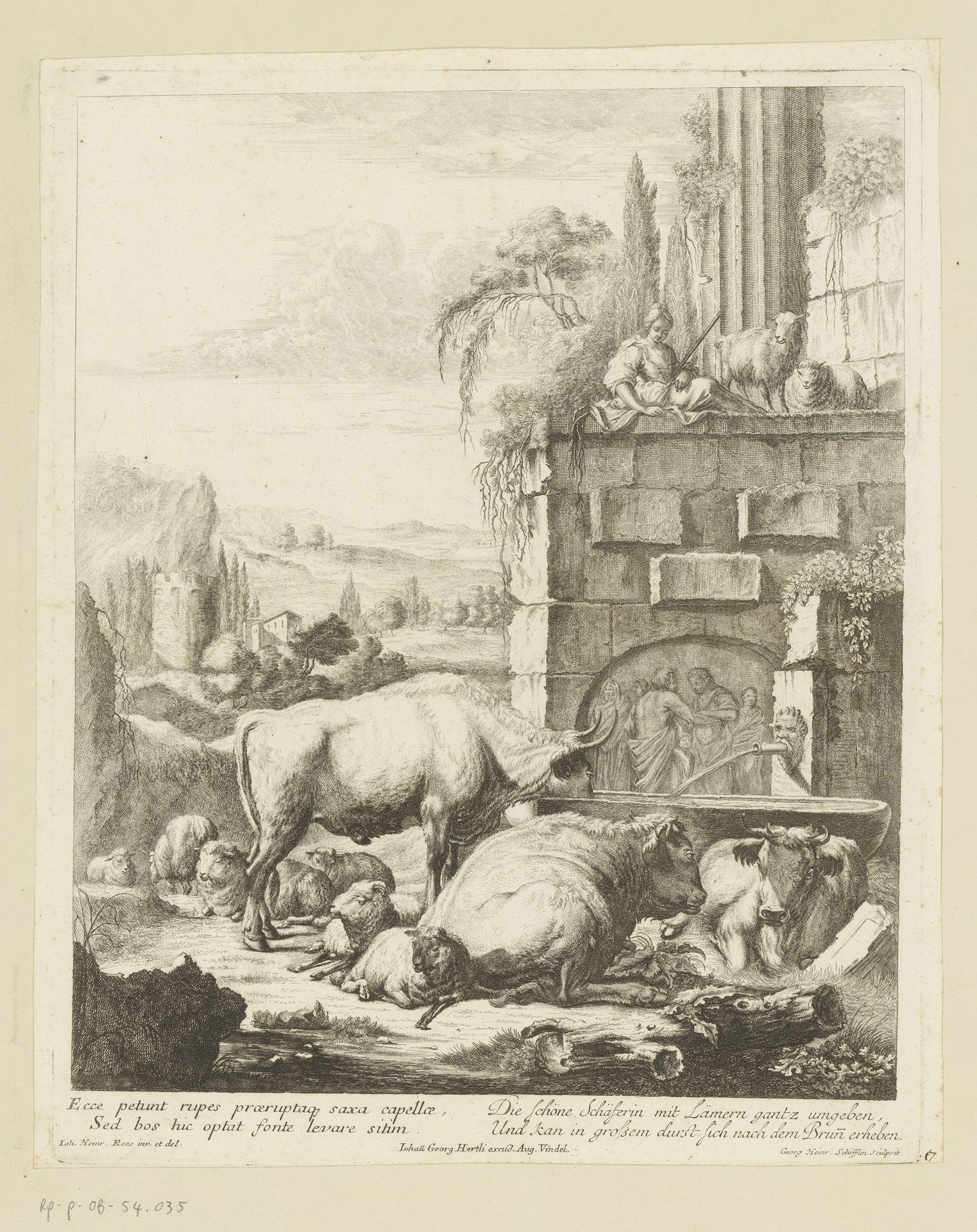 Herderin met kudde runderen en schapen bij een antieke bron by Georg Heinrich Schifflin