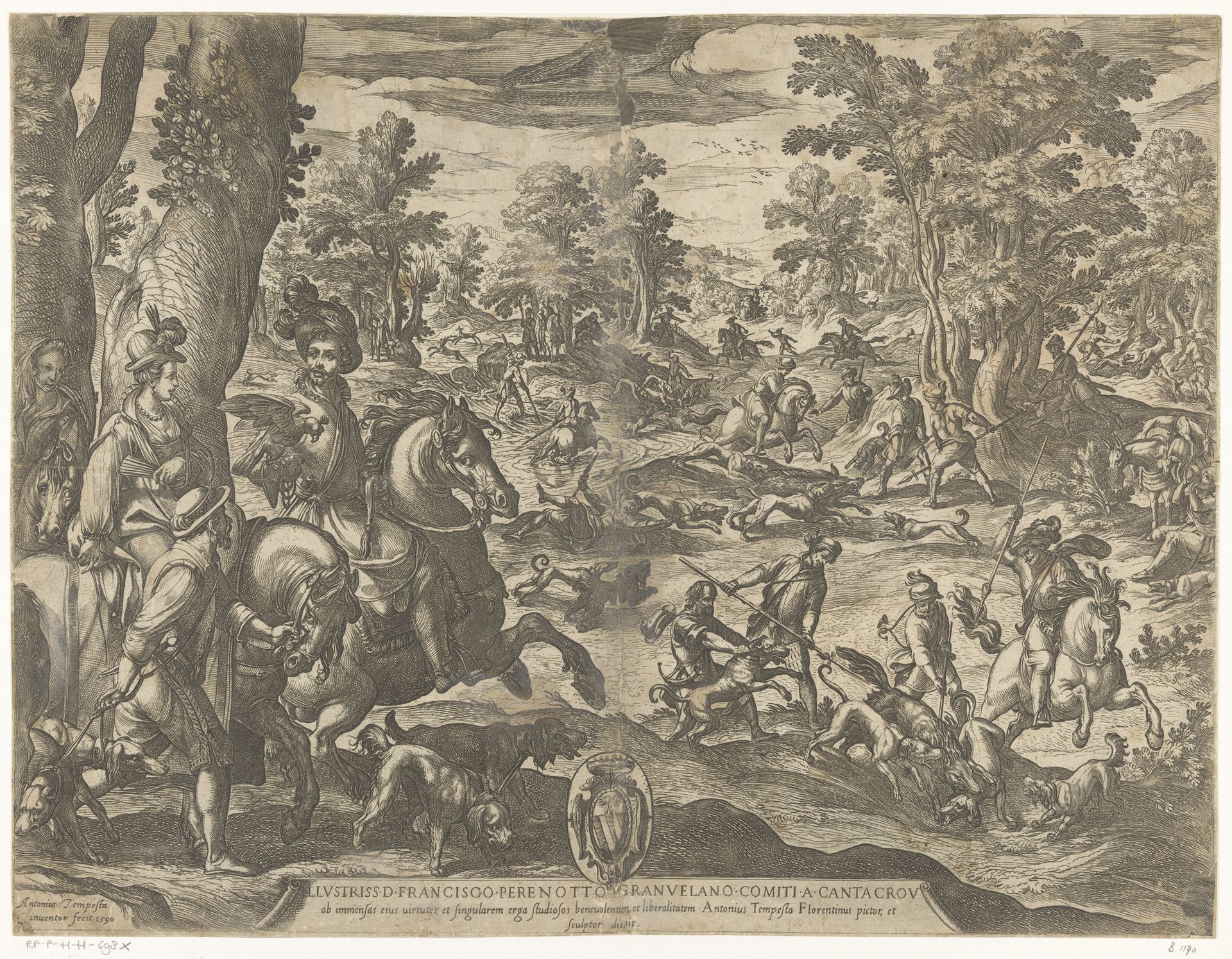 Jachtsscène met heer een dame toekijkend by Antonio Tempesta