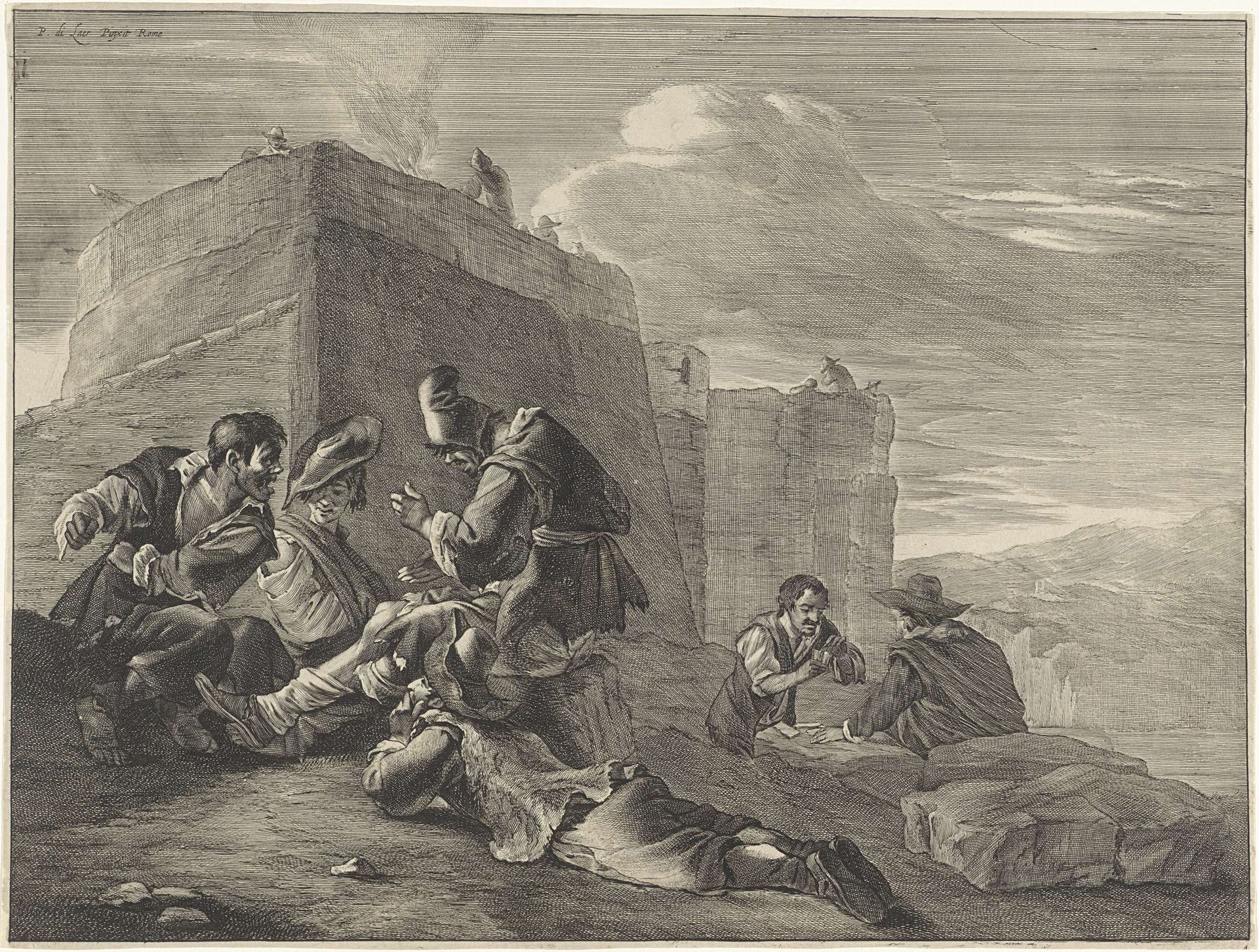 Morra-spelers bij een kleine kalkoven by Cornelis Visscher