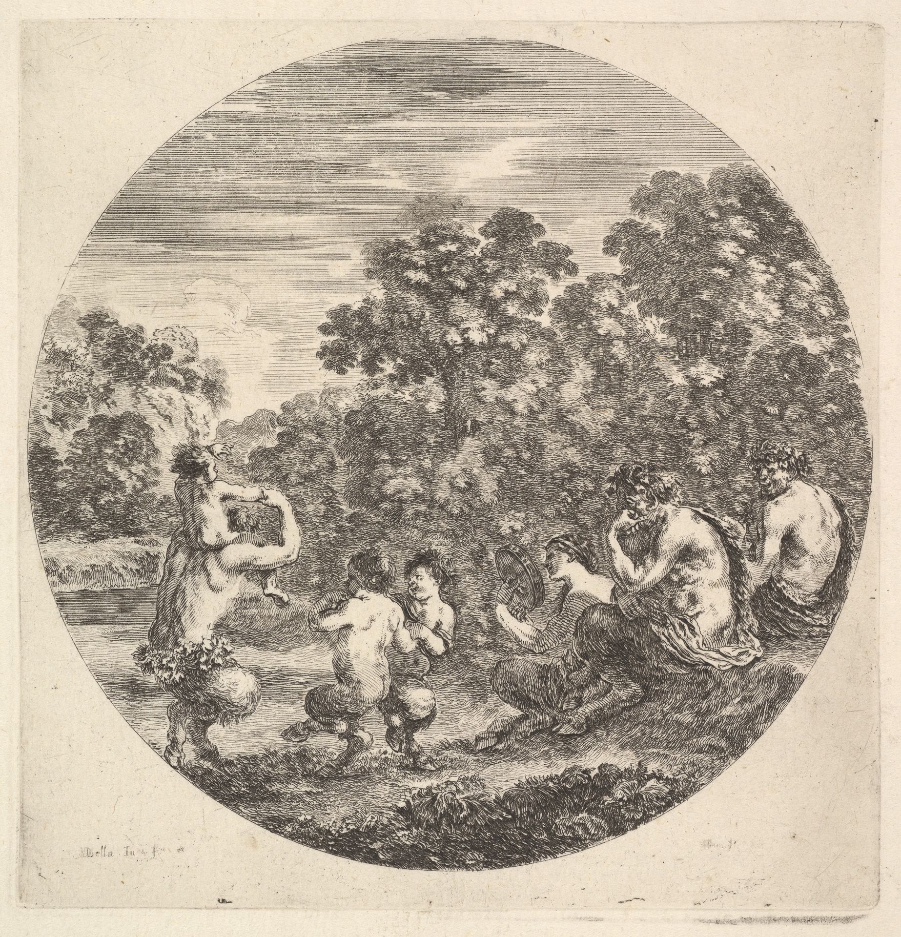 Two satyrs and a faun seated to right watching two child satyrs and another satyr with an child on his shoulders dance to left, a round composition, from 'Six animal subjects' (Six sujets d'animaux) by Stefano della Bella