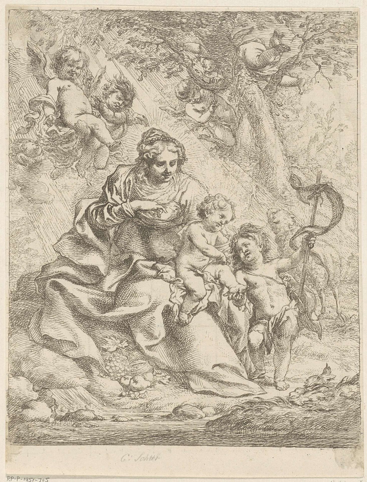 Maria zittend in een landschap met het Christuskind op de schoot en vóór haar de kleine Johannes by Cornelis Schut