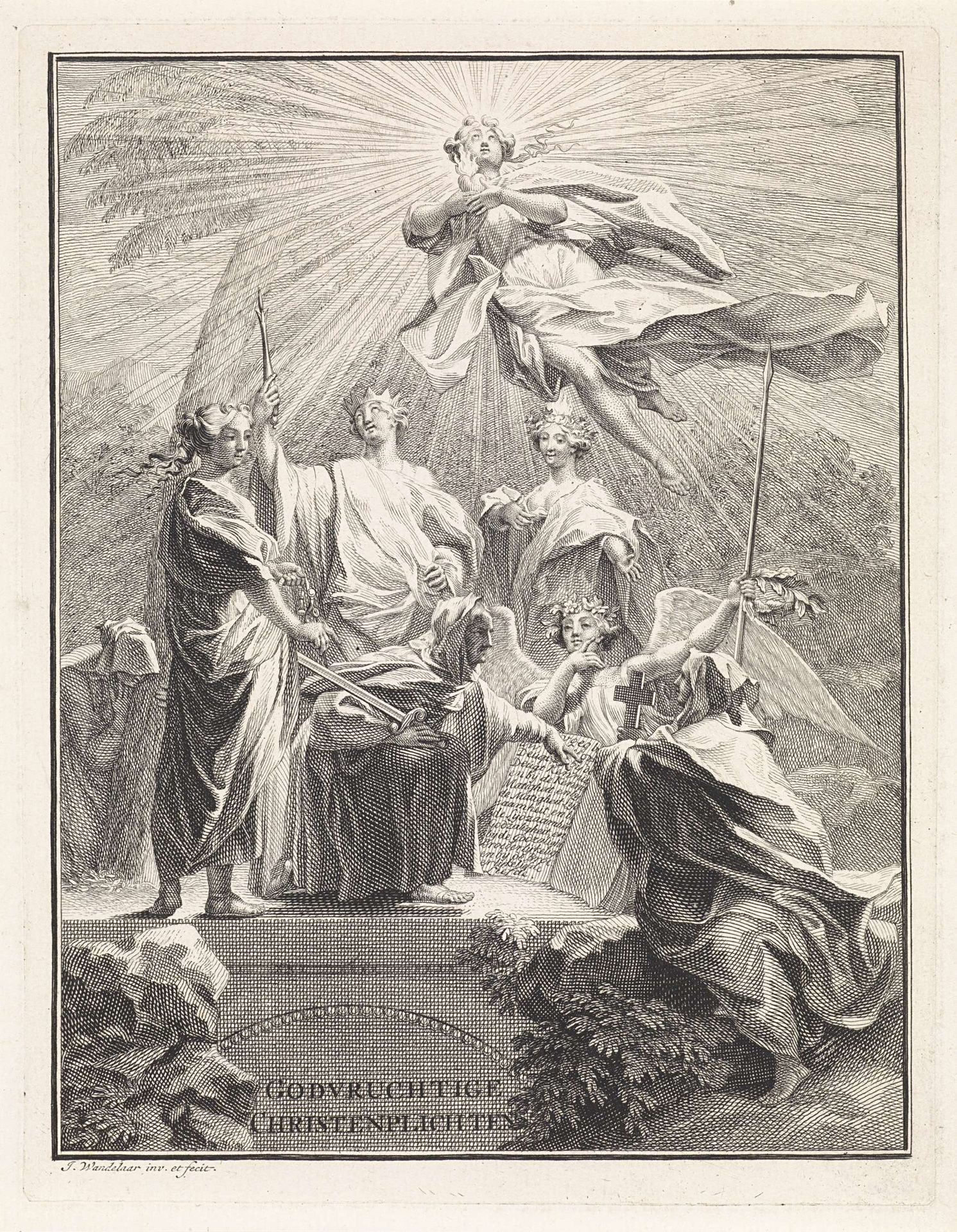 Landschap met allegorische figuren van christelijke deugden by Jan Wandelaar