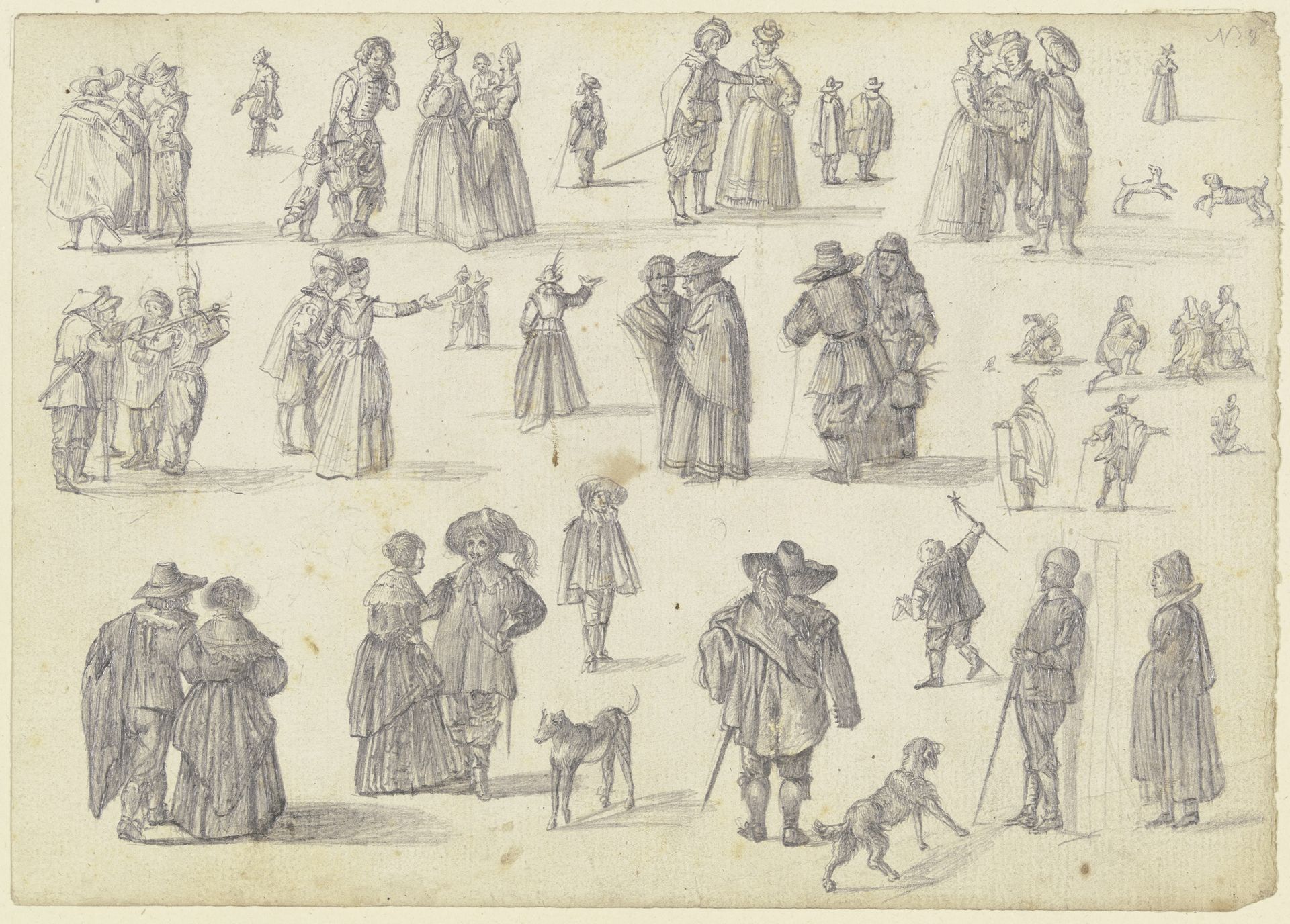 14 Figurenstudien in Einzelfiguren und Gruppen, dazu Hunde by Johann Ludwig Ernst Morgenstern