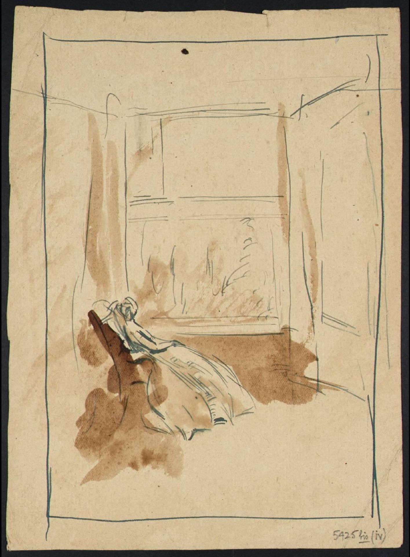 Catherine Linton Seated at a Window During her Last Illness. Verso: Four Figures at Table by  Lady Edna Clarke Hall