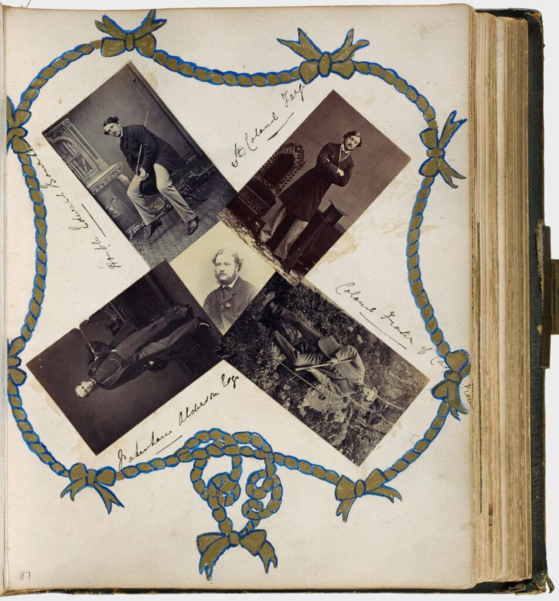Untitled (five photographs, clockwise from upper left, Honorable Edward Bourke; Lt. Col. F?; Colonel Frater of C?; Pakenham Alderson Esq.; center, unidentified man with beard) by Mary Georgiana Caroline Cecil Filmer