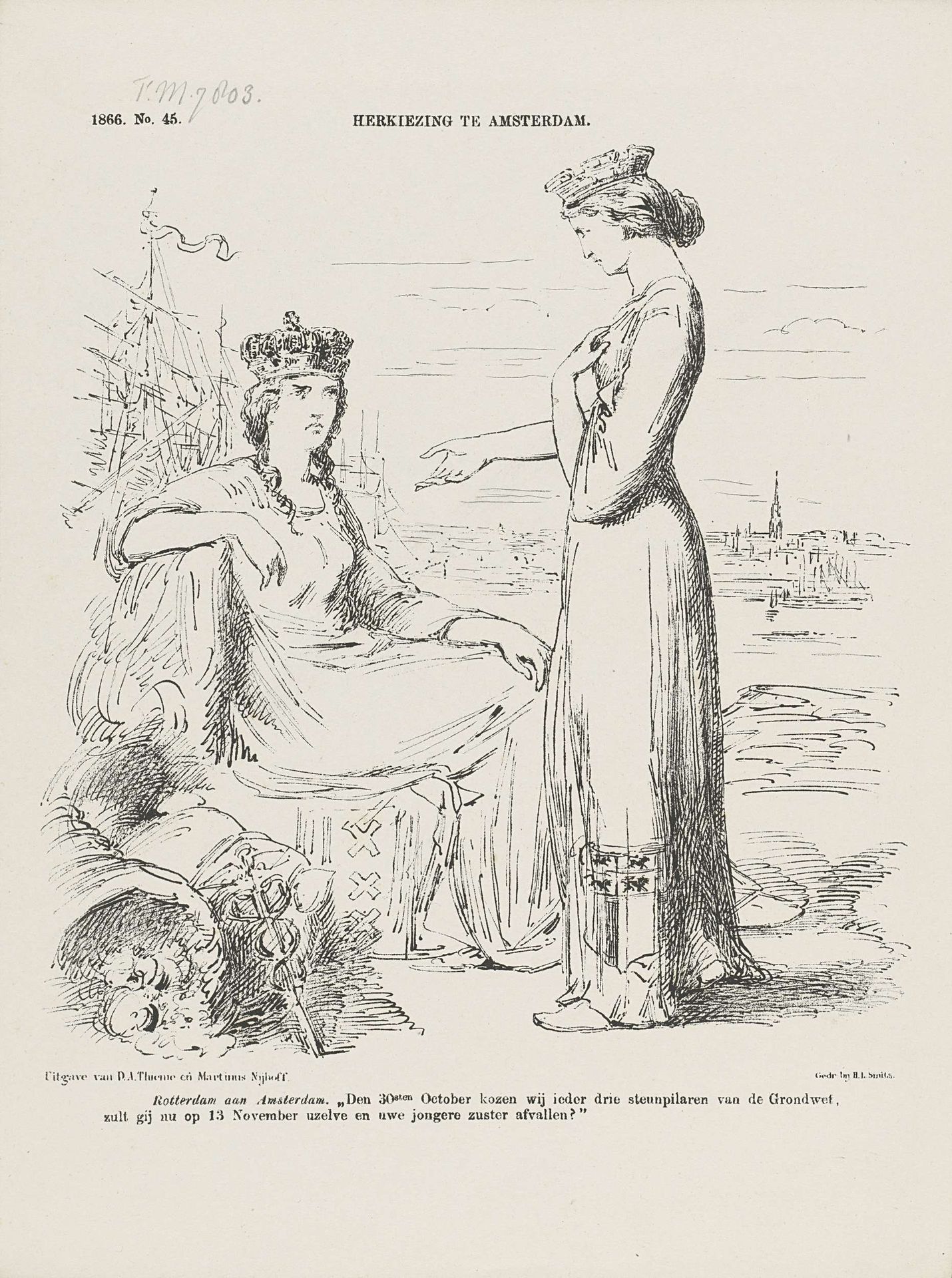 Spotprent op de oproep tot herkiezing van de liberale vertegenwoordigers, 1866 by Johan Michaël Schmidt Crans