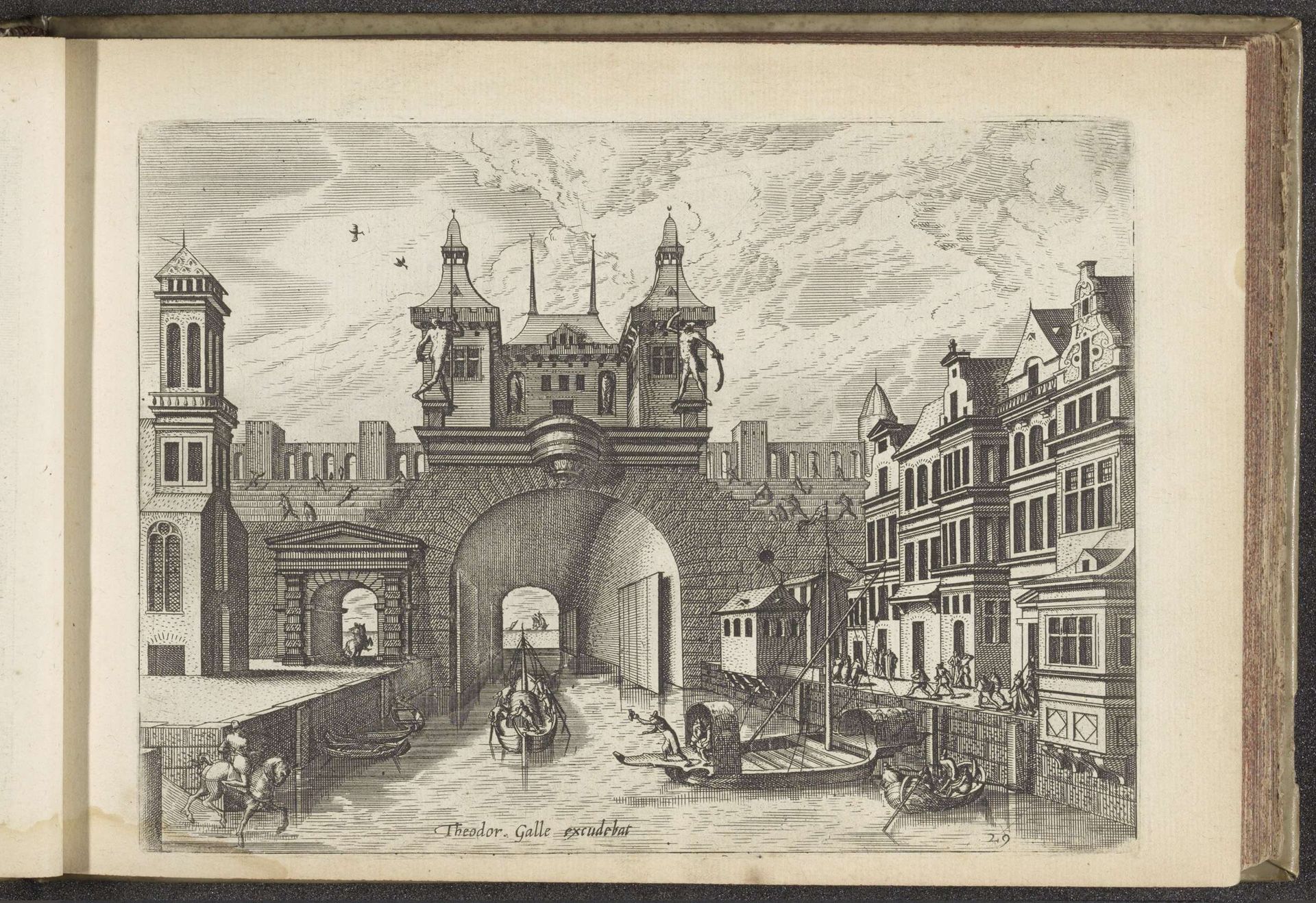 Waterpoort van een ommuurde stad by Johannes of Lucas van Doetechum