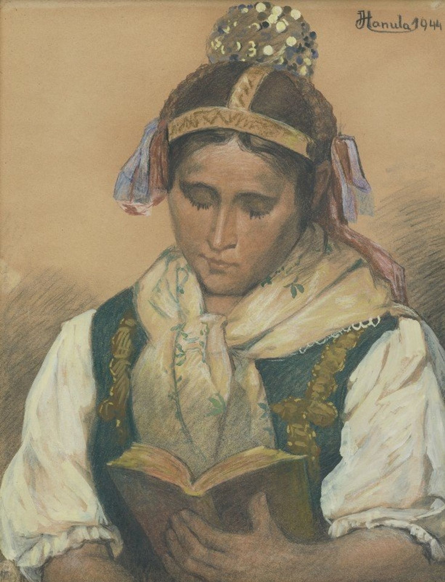 Reading in traditional costume by Jozef Hanula