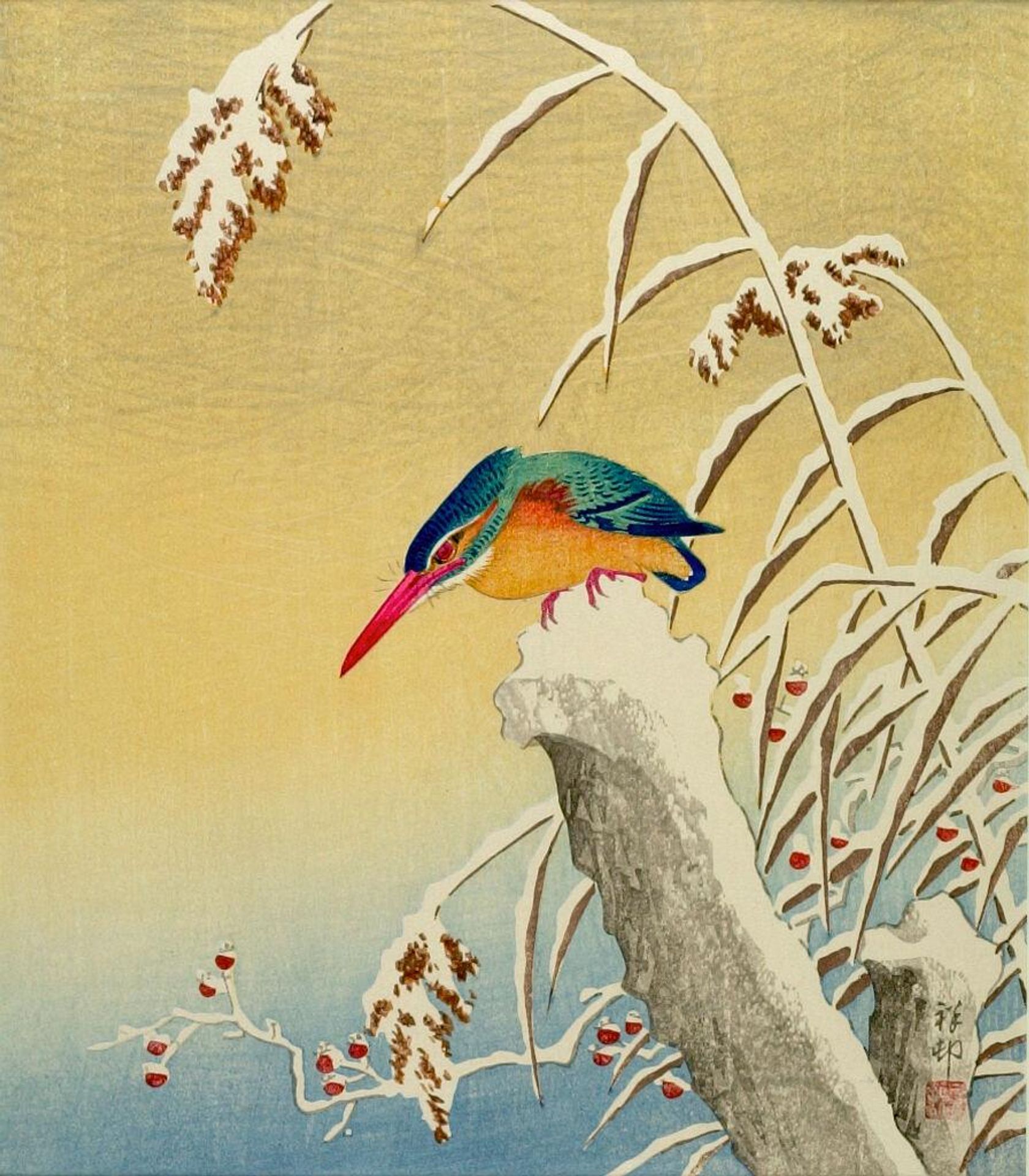 Kingfisher on Snowy Stump by Ohara Koson