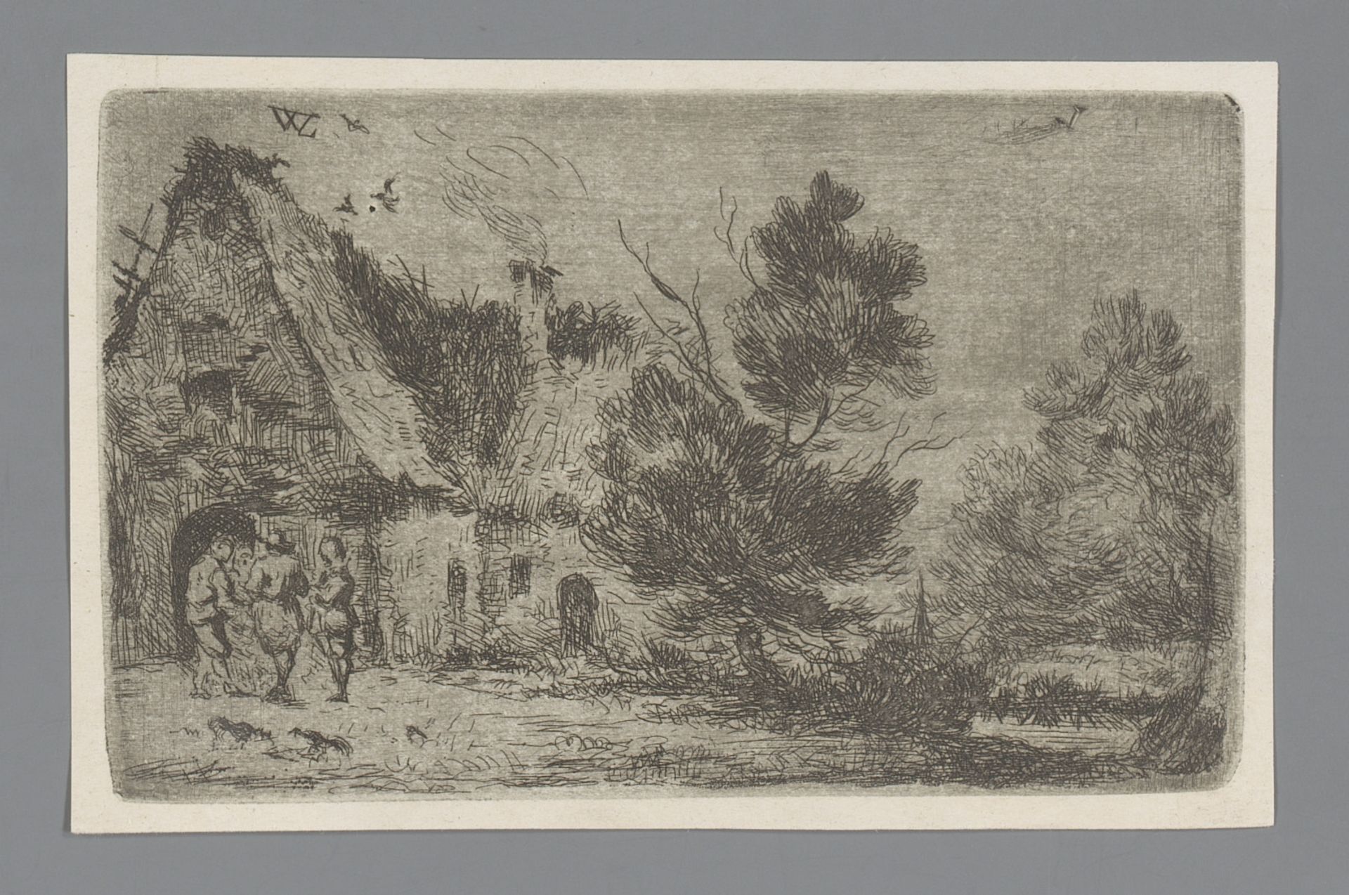 Landschap met vier figuren bij een boerderij by Willem (II) Linnig