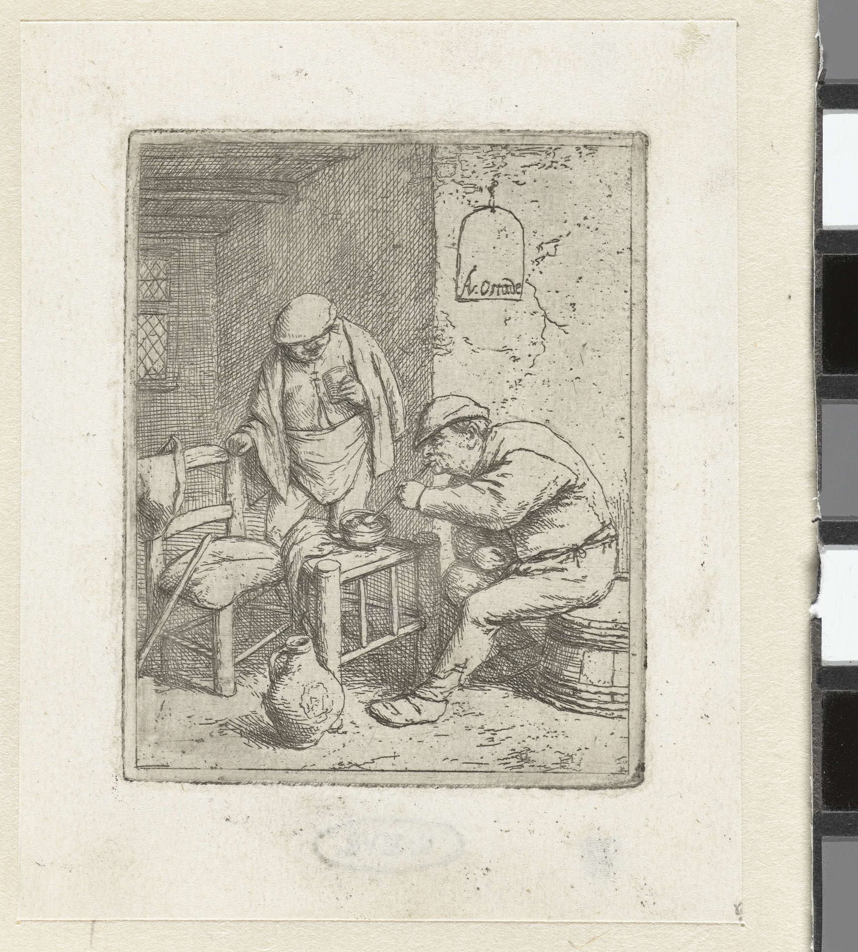 Interieur van een herberg met man die pijp aansteekt en man met glas in zijn hand by Adriaen van Ostade