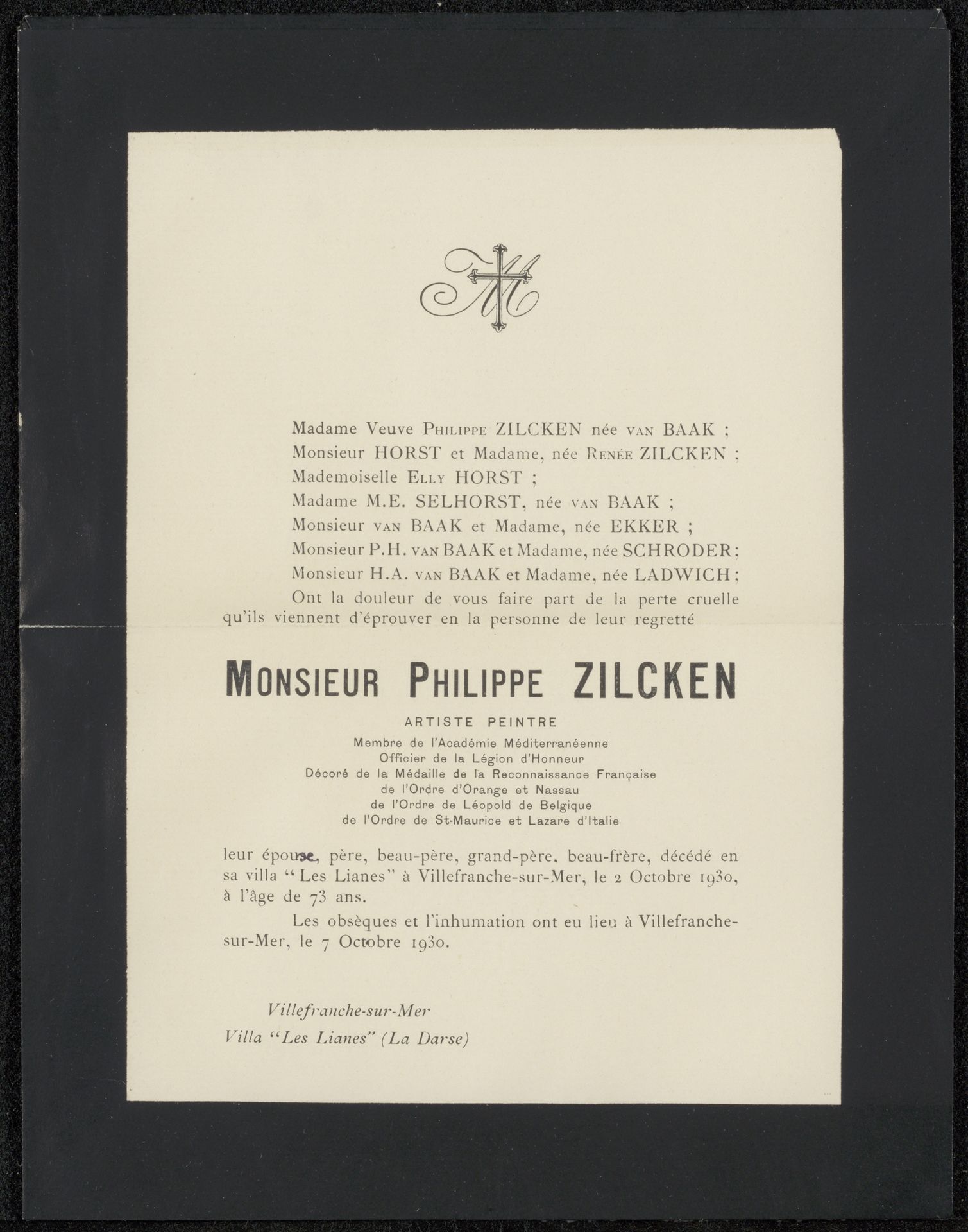 Overlijdensbericht uit archief Philip Zilcken by Henriette Wilhelmina van Baak