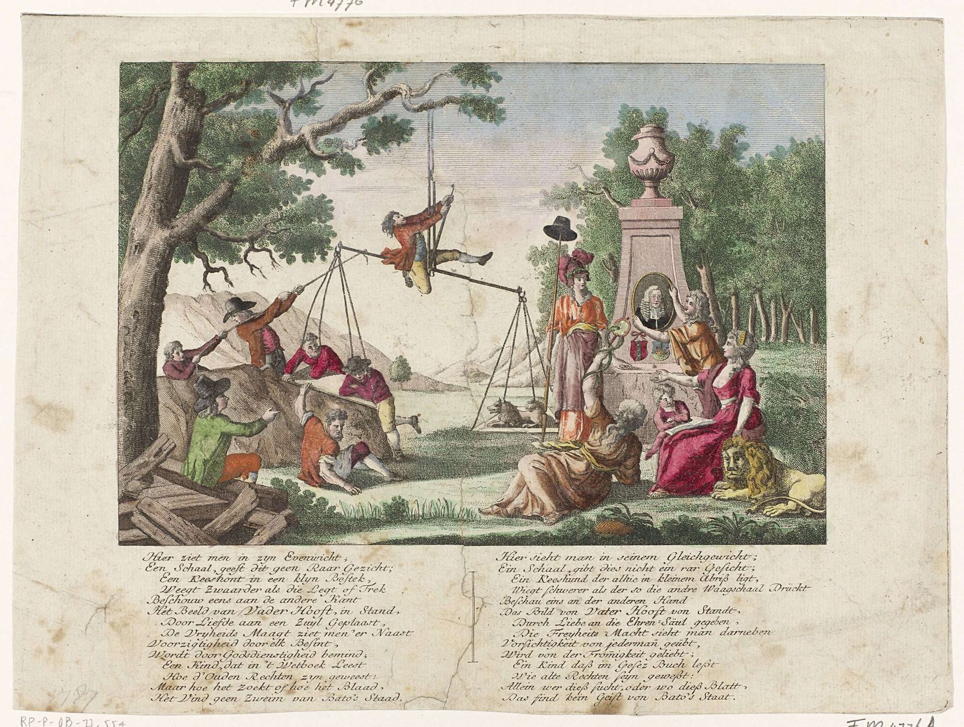 Keeshond en Oranjeklanten op de weegschaal, 1787 by Anonymous