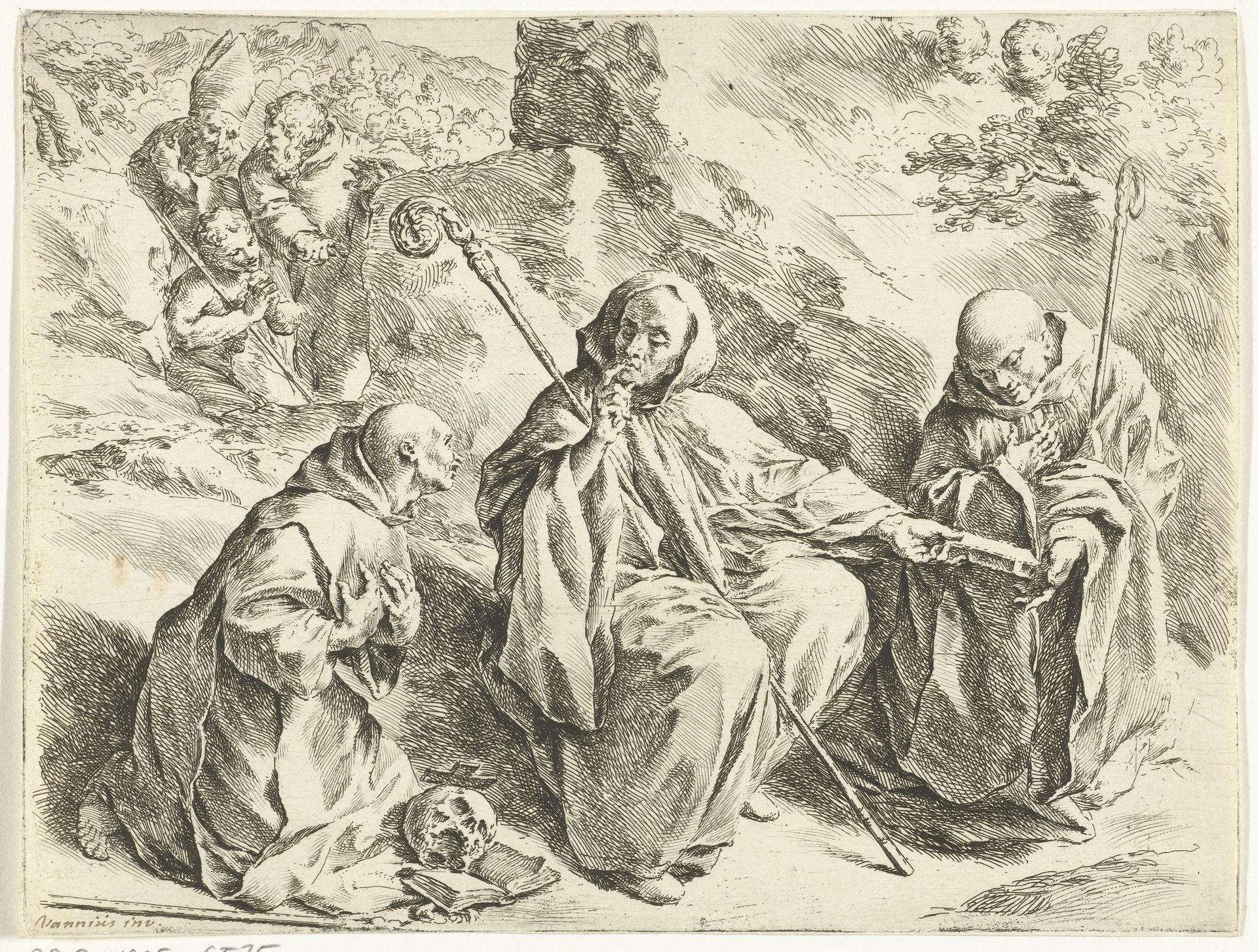 De heilige Benedictus zittend tussen de heiligen Bruno en Bernard by Jan de Bisschop