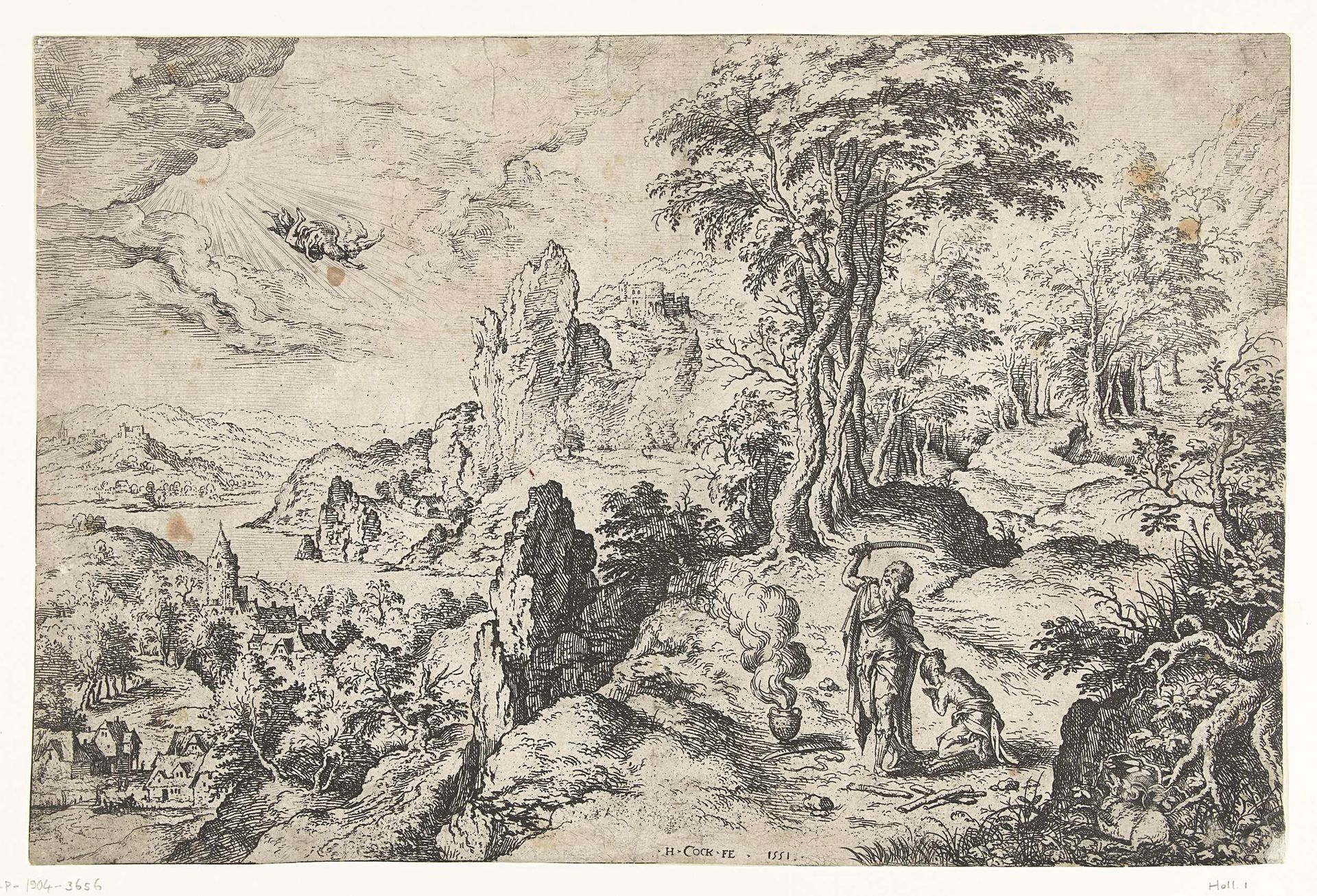 Landschap met het offer van Isaak by Hieronymus Cock