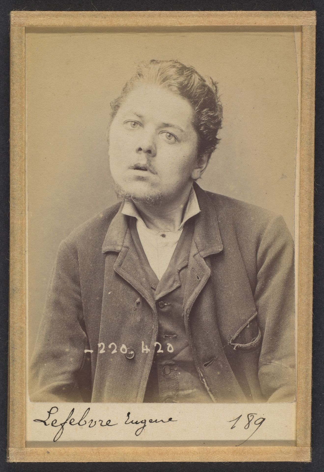 Lefebvre. Eugène, Anatole. 28 ans, né le 2/7/66 à St Pierre (Eure). Sculpteur sur bois. Anarchiste. 2/7/94. by Alphonse Bertillon