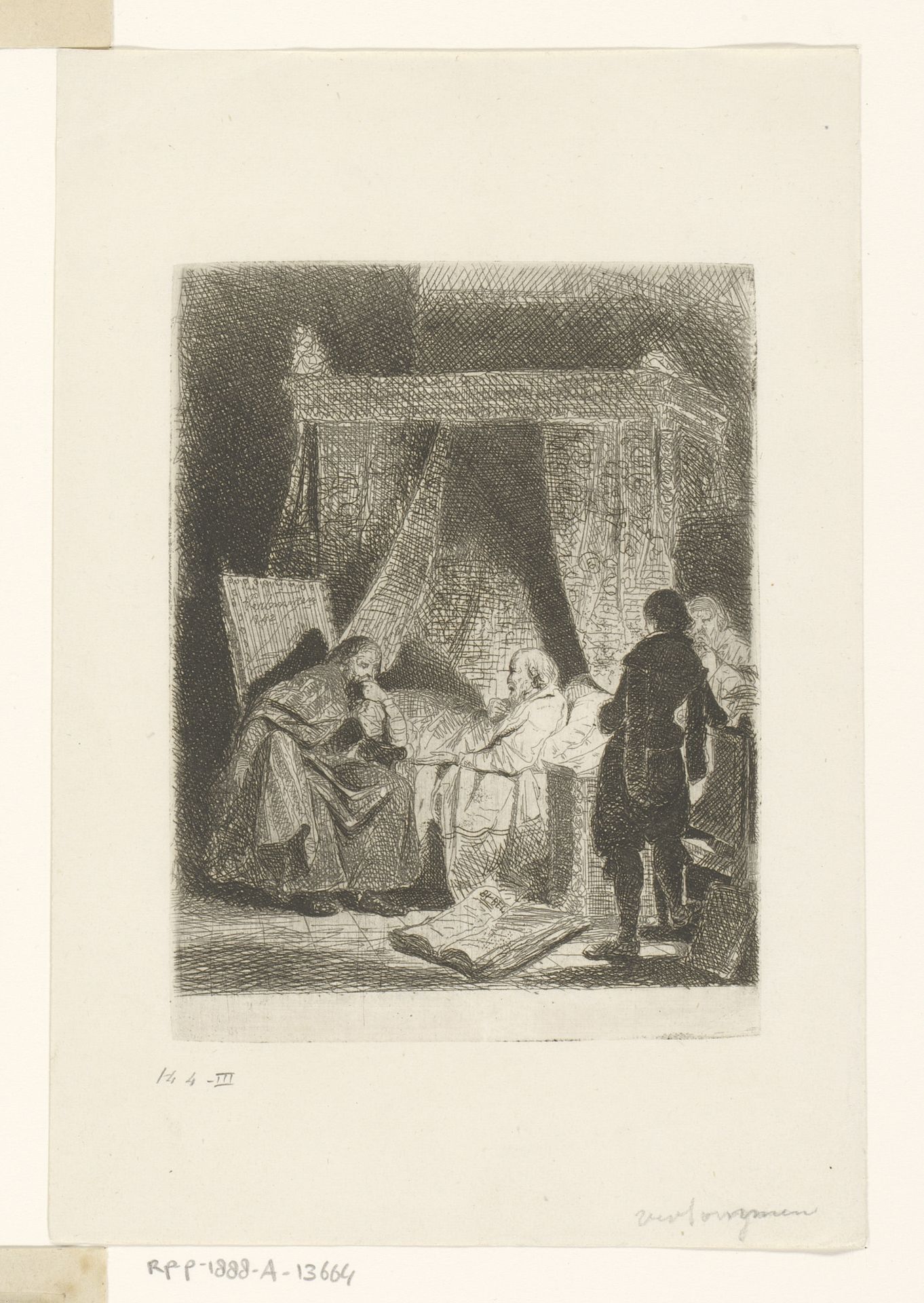 Oude man op bed in gesprek met een man in een stoel by Guillaume Joseph Vertommen