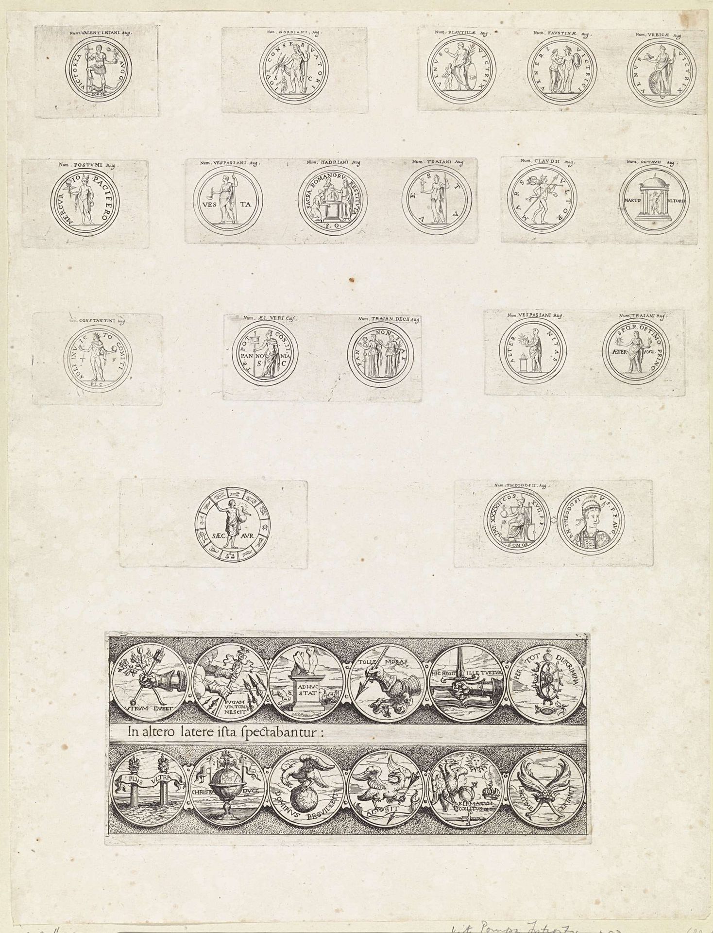 Negentien Romeinse munten met deviezen en emblemen van keizers by Theodoor van Thulden