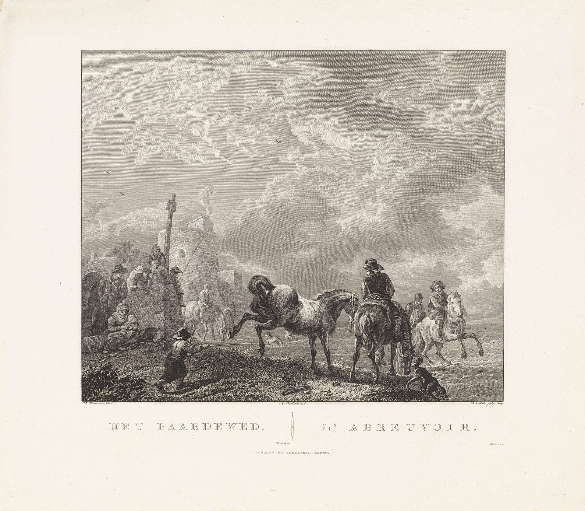 Paardenwed bij een grenspaal by Reinier Vinkeles