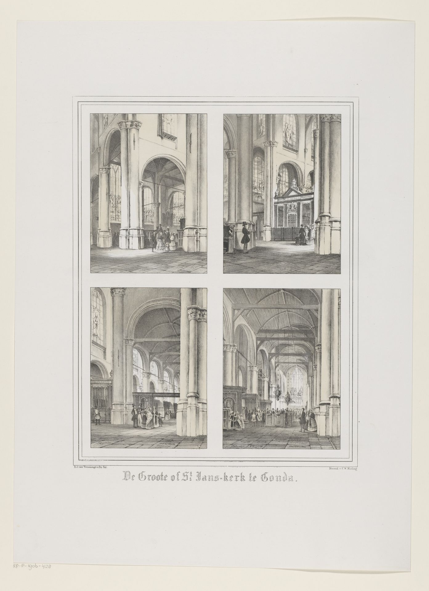 Vier gezichten op het interieur van de Sint-Janskerk te Gouda by Dirk Johannes van Vreumingen Dz.