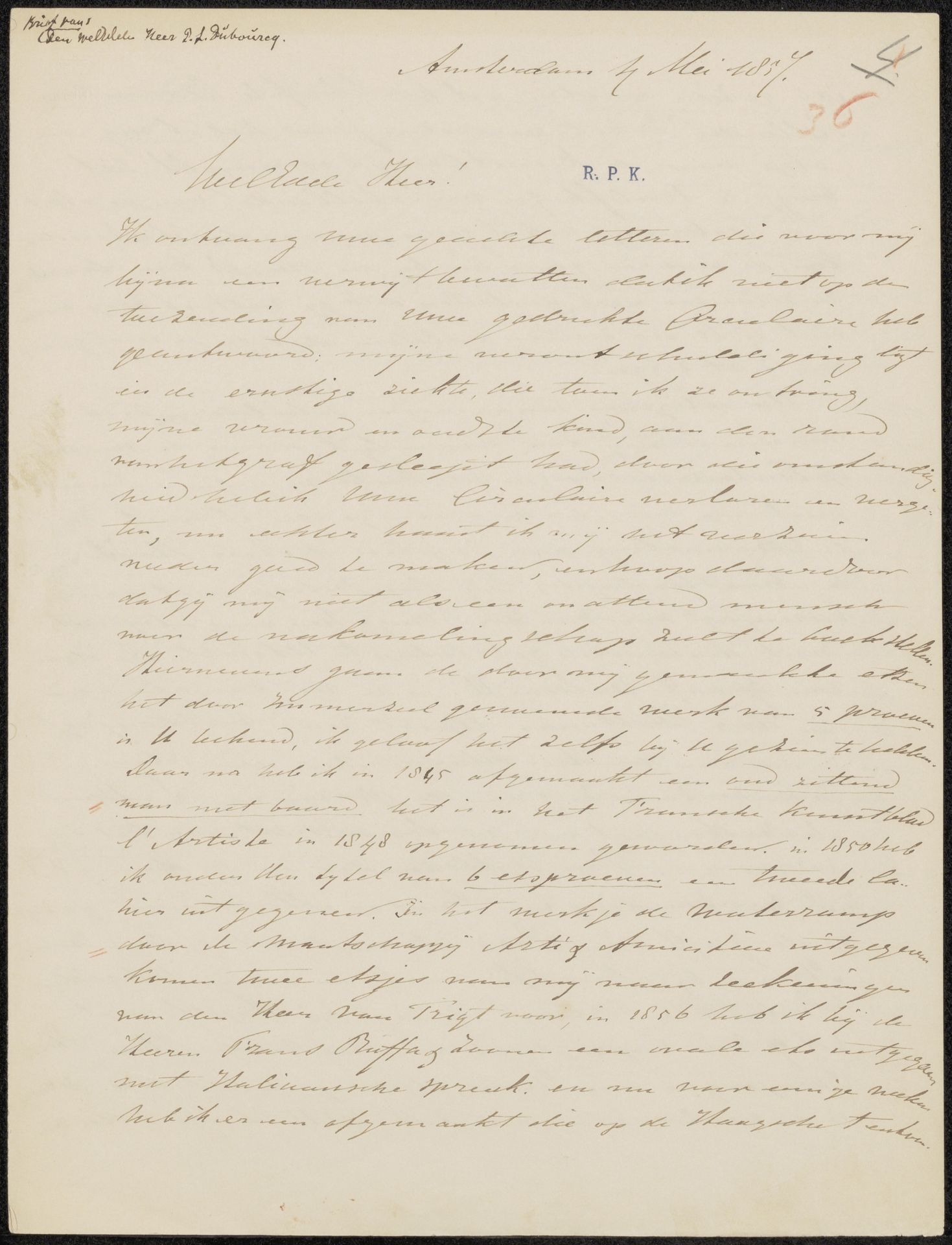Brief aan Christiaan Kramm by Pierre Louis Dubourcq