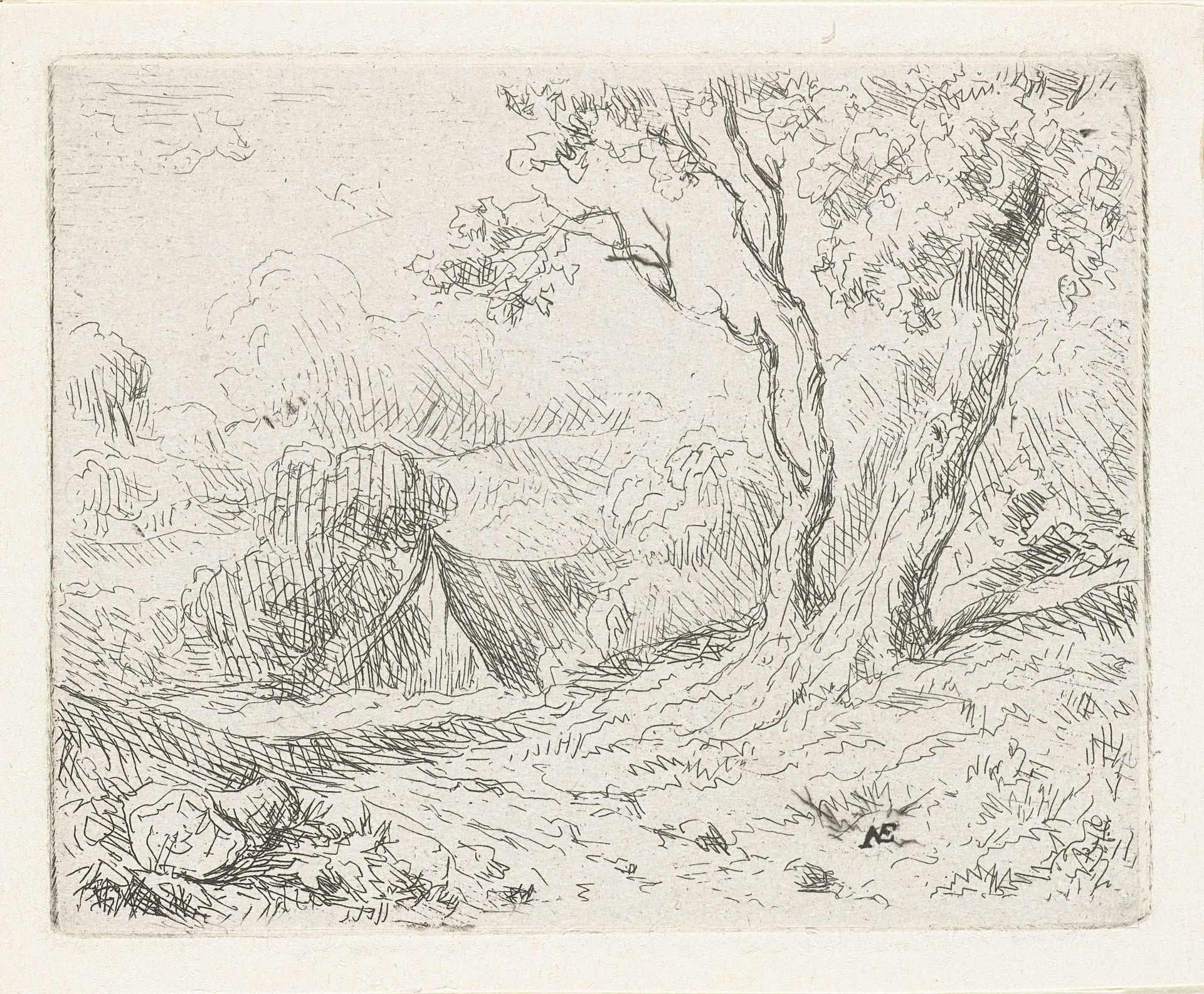 Landschap met twee bomen langs een pad by Adrianus van Everdingen