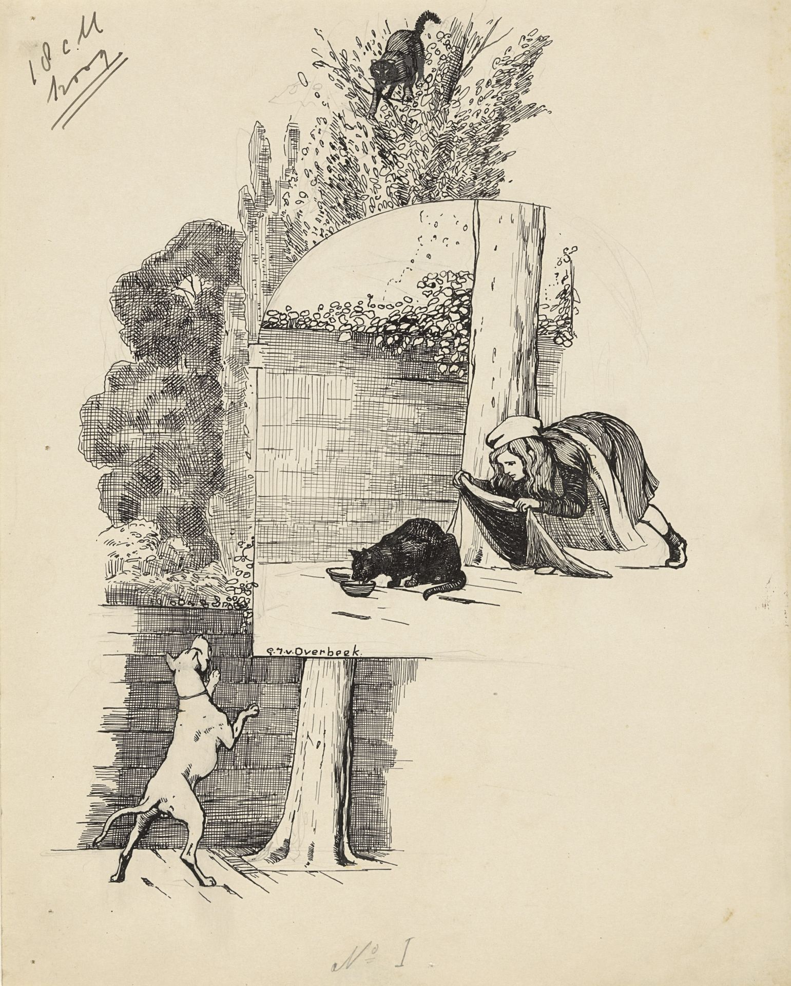 Meisje probeert een kat te vangen by Gijsbertus Johannes van Overbeek