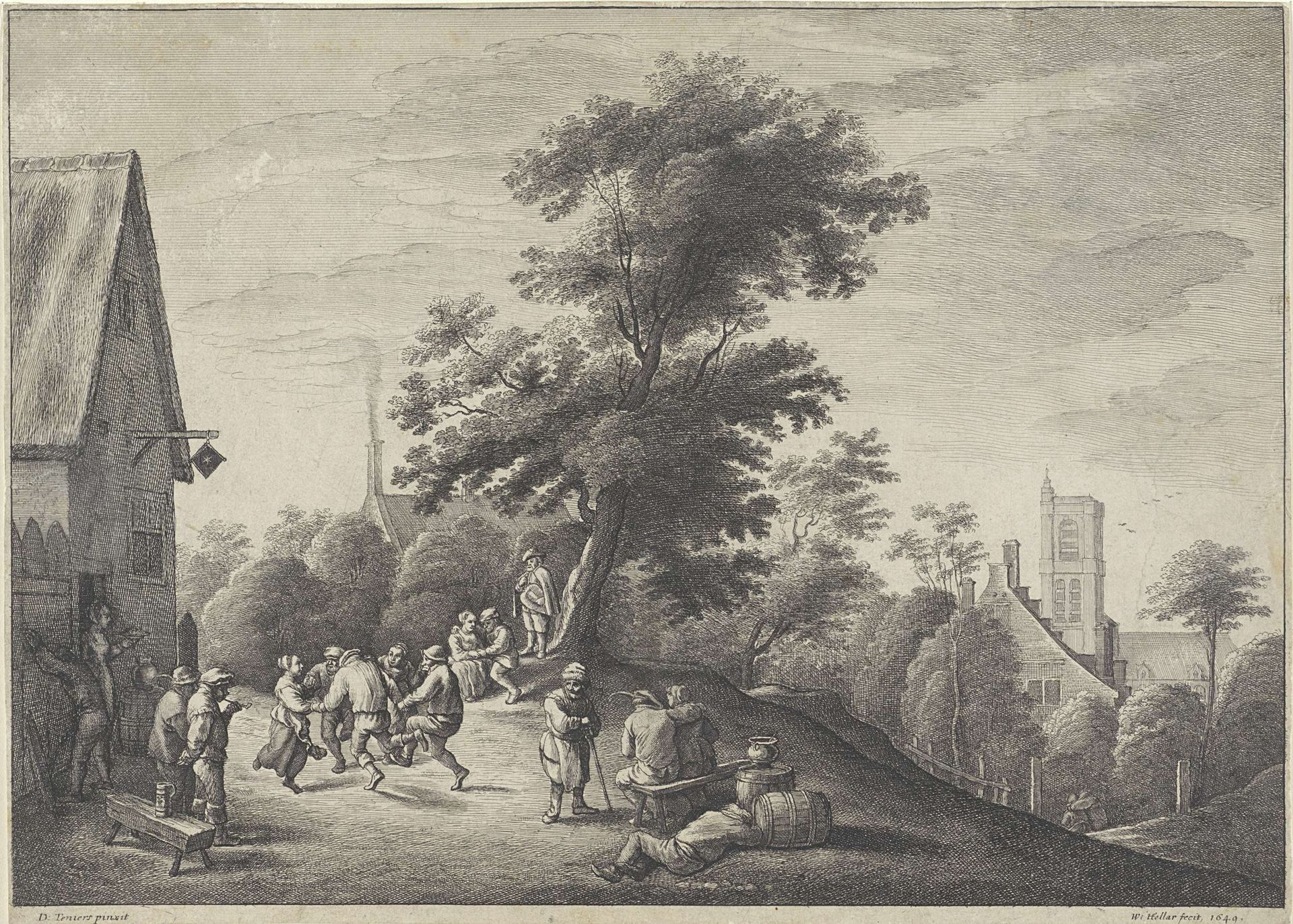 Dansende boeren voor een herberg by Wenceslaus Hollar