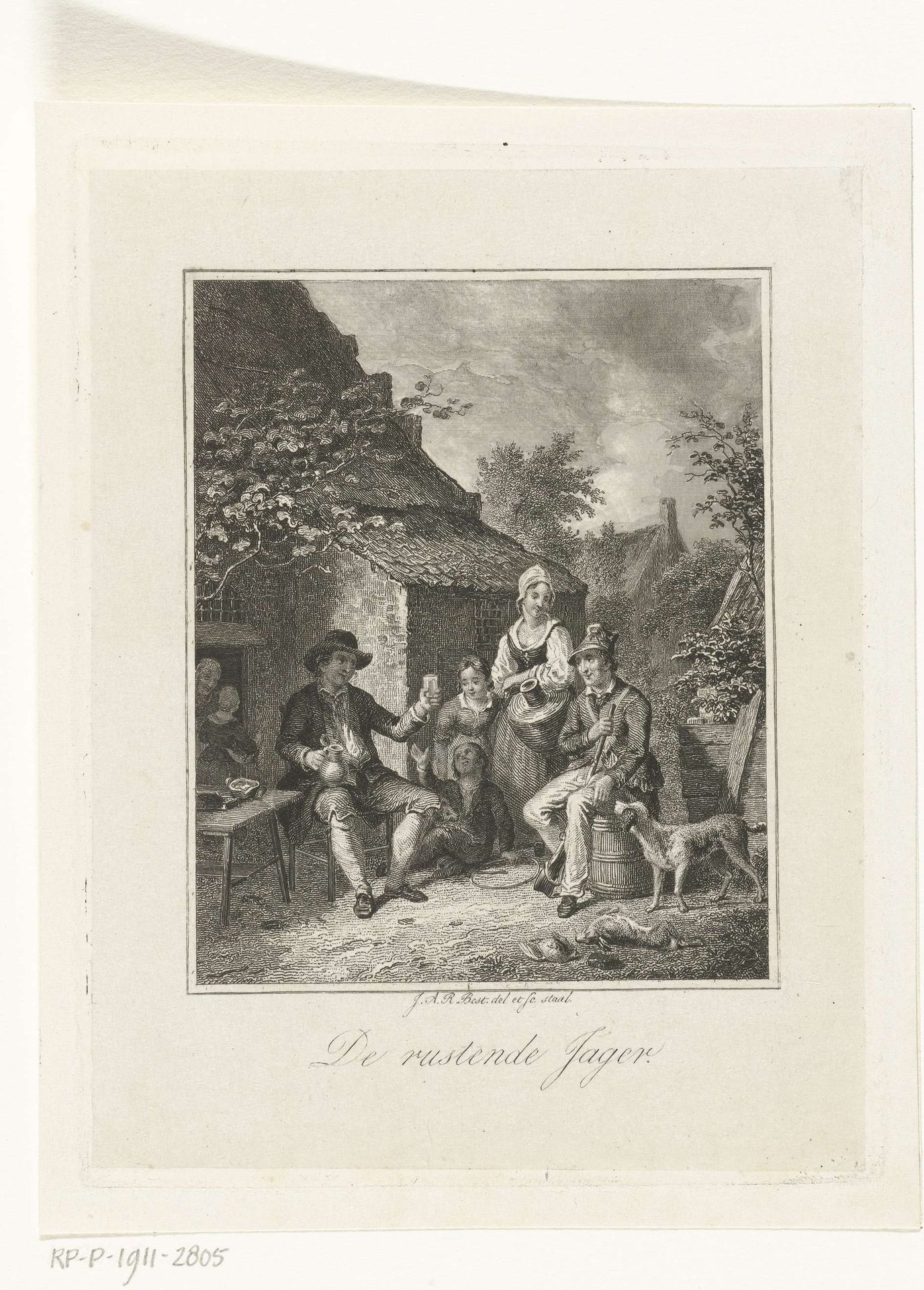 Jager met jachtbuit en hond rust bij huis by Johannes Alexander Rudolf Best