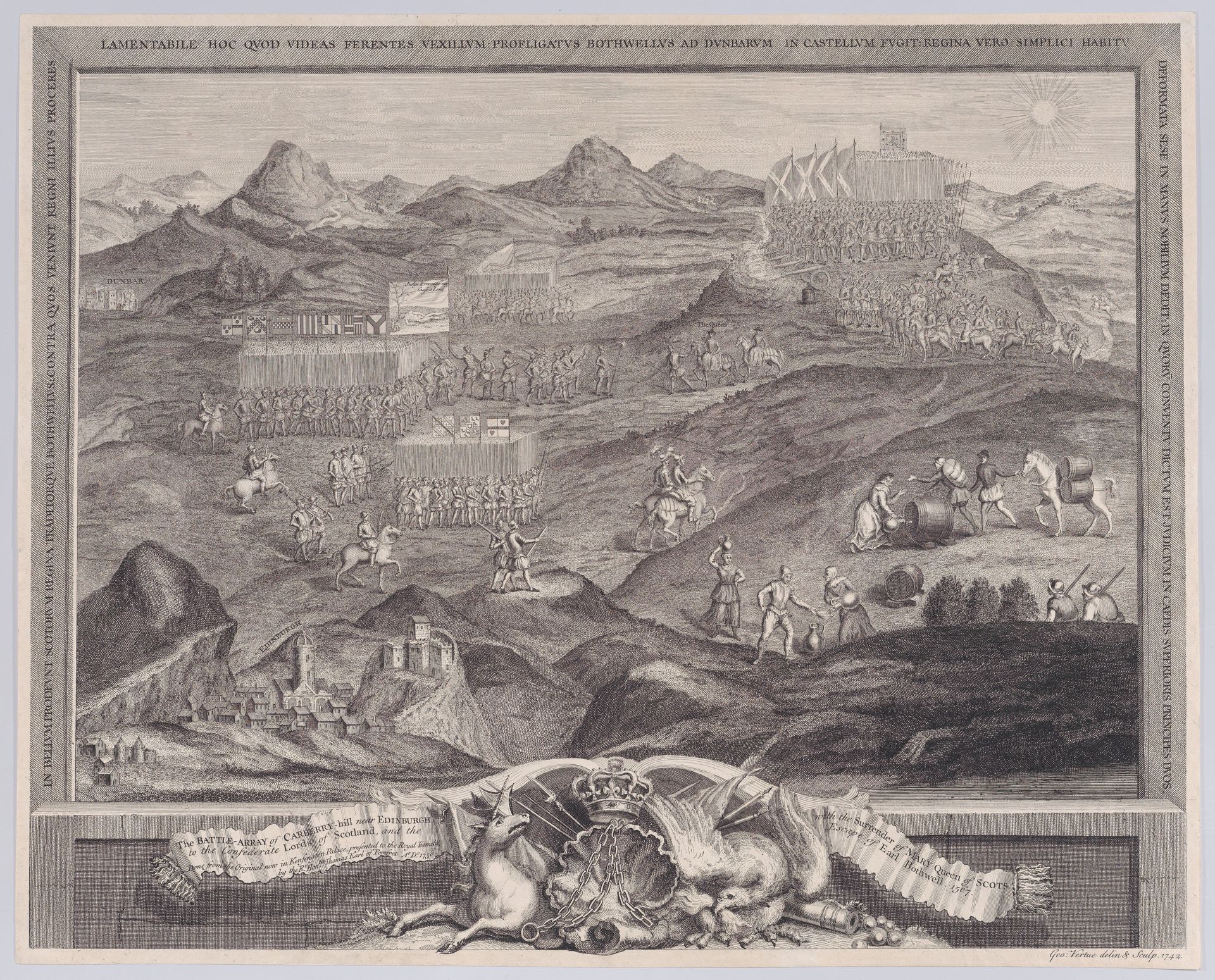 The Battle-Array of Carberry-hill near Edinburgh with the Surrender of Mary Queen of Scots to the Confederate Lords of Scotland, and the Escape of Earl Bothwell by George Vertue