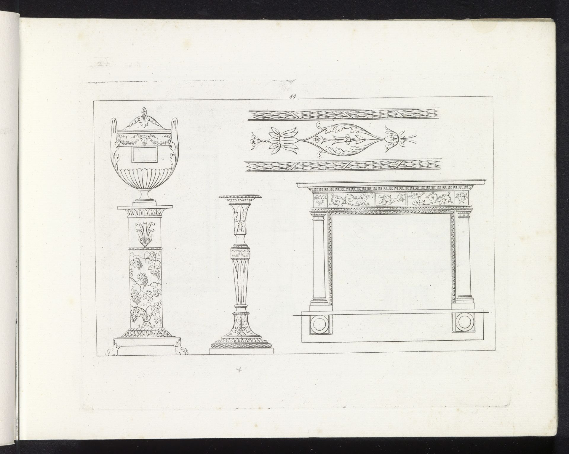 Urn op een sokkel, een kandelaar, een schouw en een ornamentele rand by Pietro Ruga