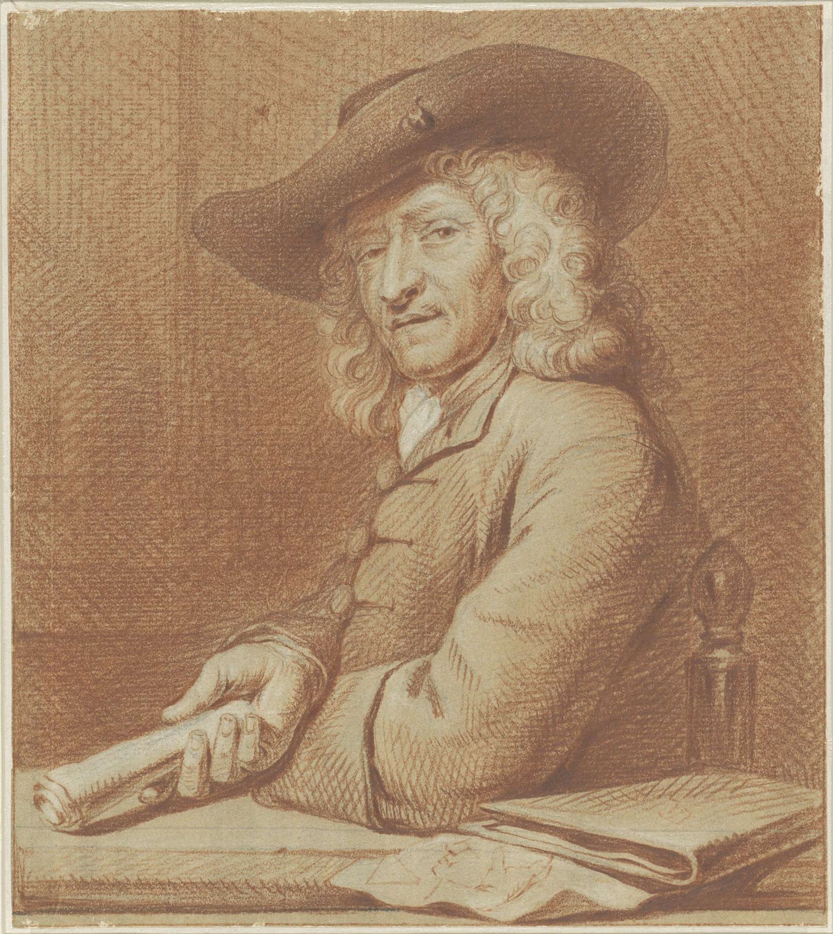Portret van de tekenaar Jan Pietersz. Zoomer, met hoed en rol papier by Norbert van Bloemen