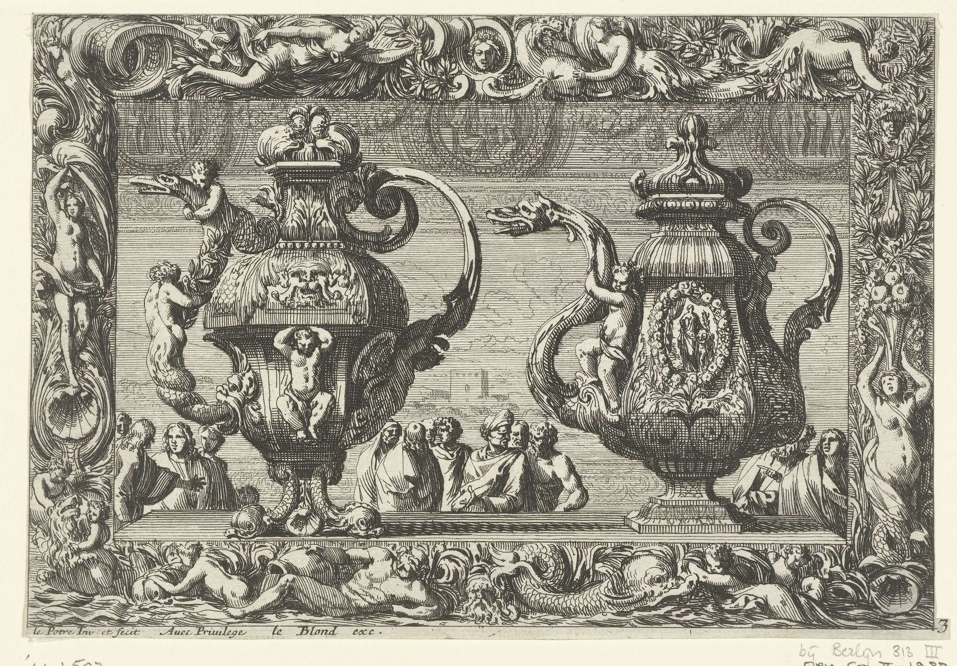 Twee schenkkannen in ornamentele lijst by Jean Lepautre