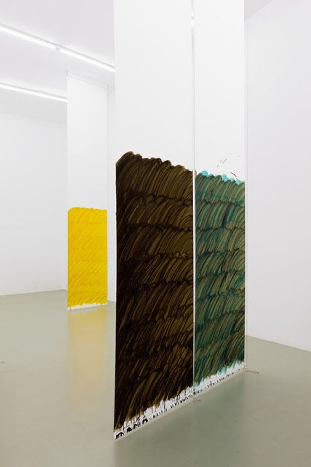 Blind No. 20, Seventeen-foot high Ceiling or Lower, Historical Van Dyke Brown, Historical Veridian Green, Indian Yellow Hue, Hansa Yellow Medium (to Mike Kelley) by Stephen Prina