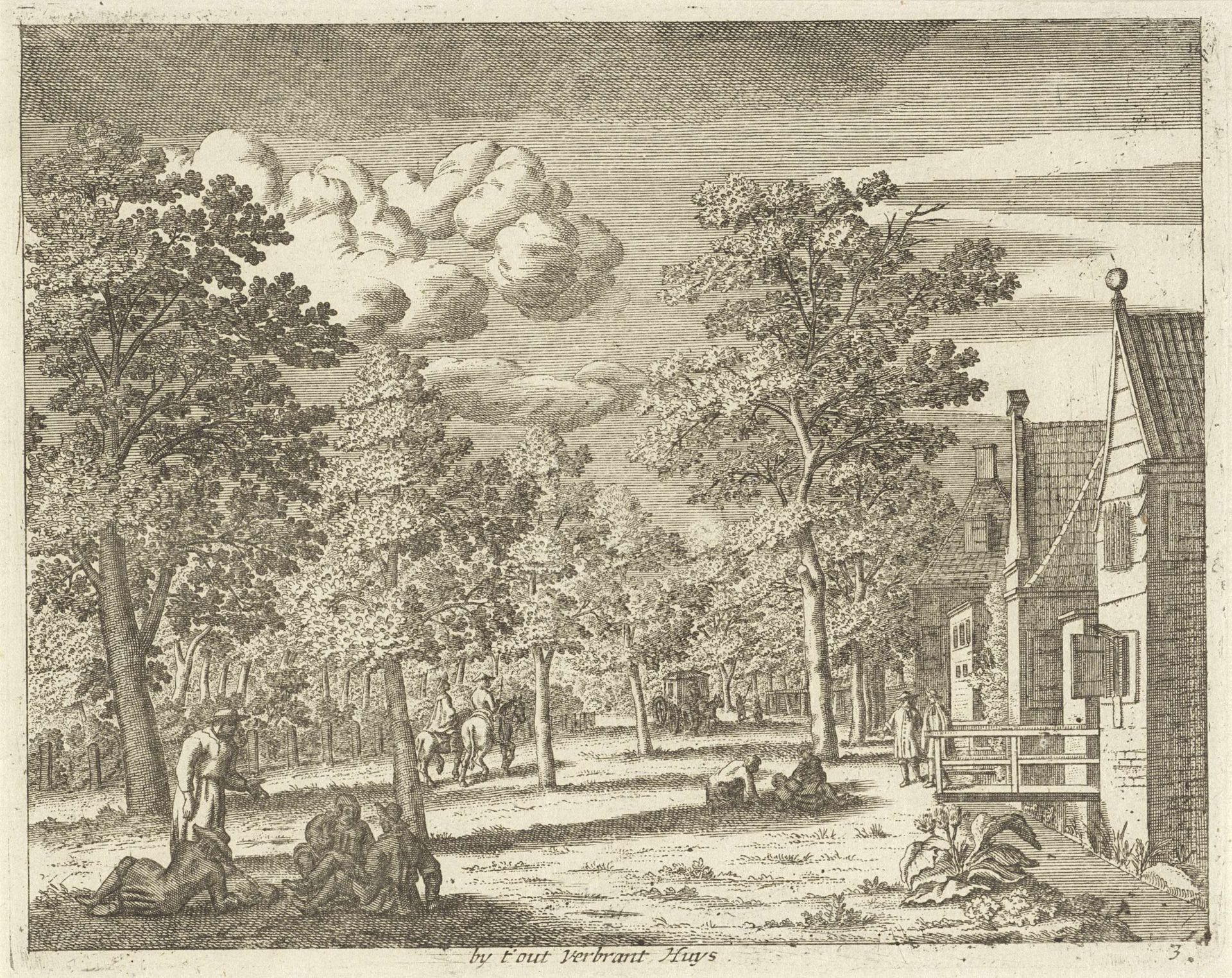 Zittende figuren langs een bomenrij en huizen by Anonymous