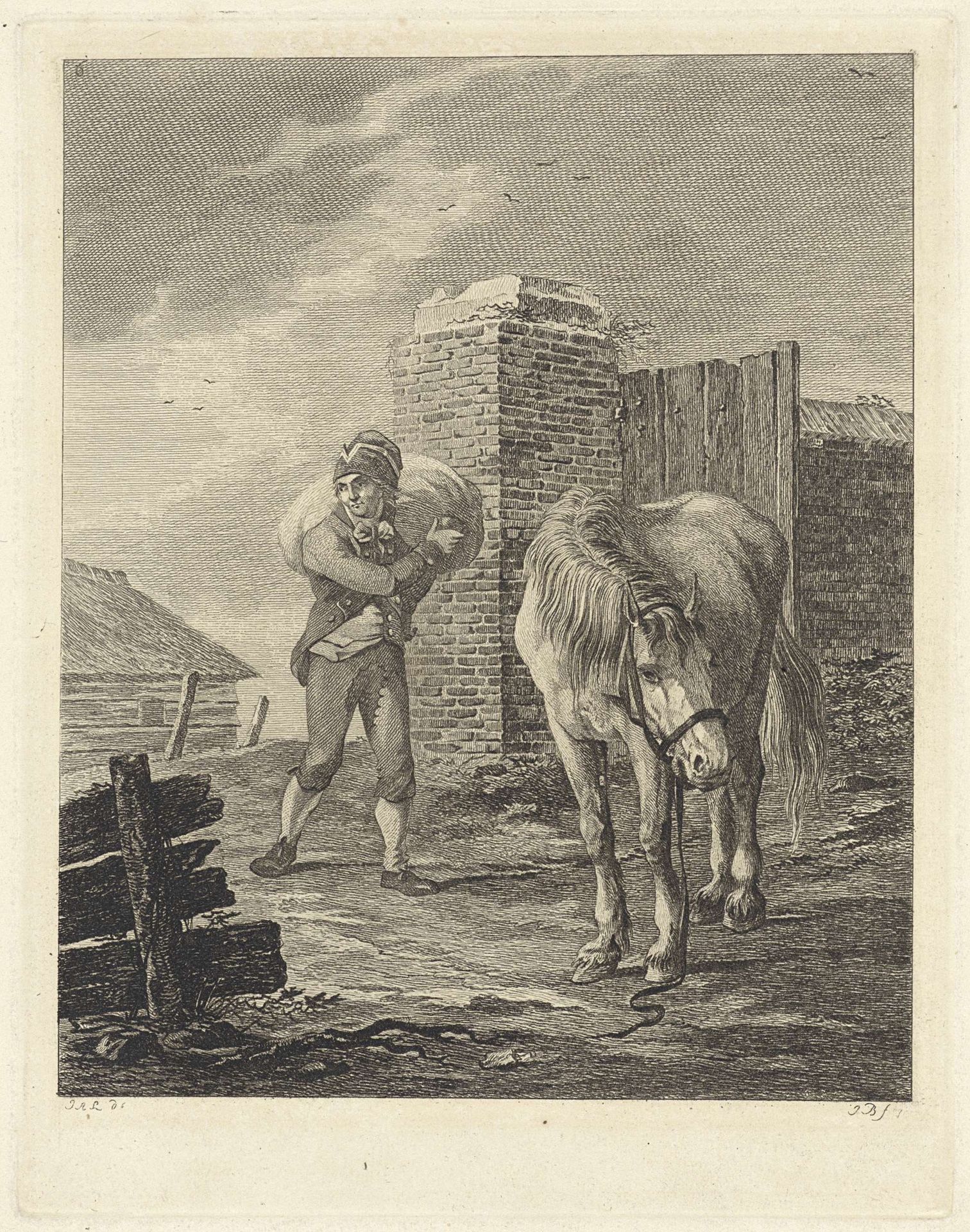 Man met zak op schouder bij ongezadeld paard by Joannes Bemme