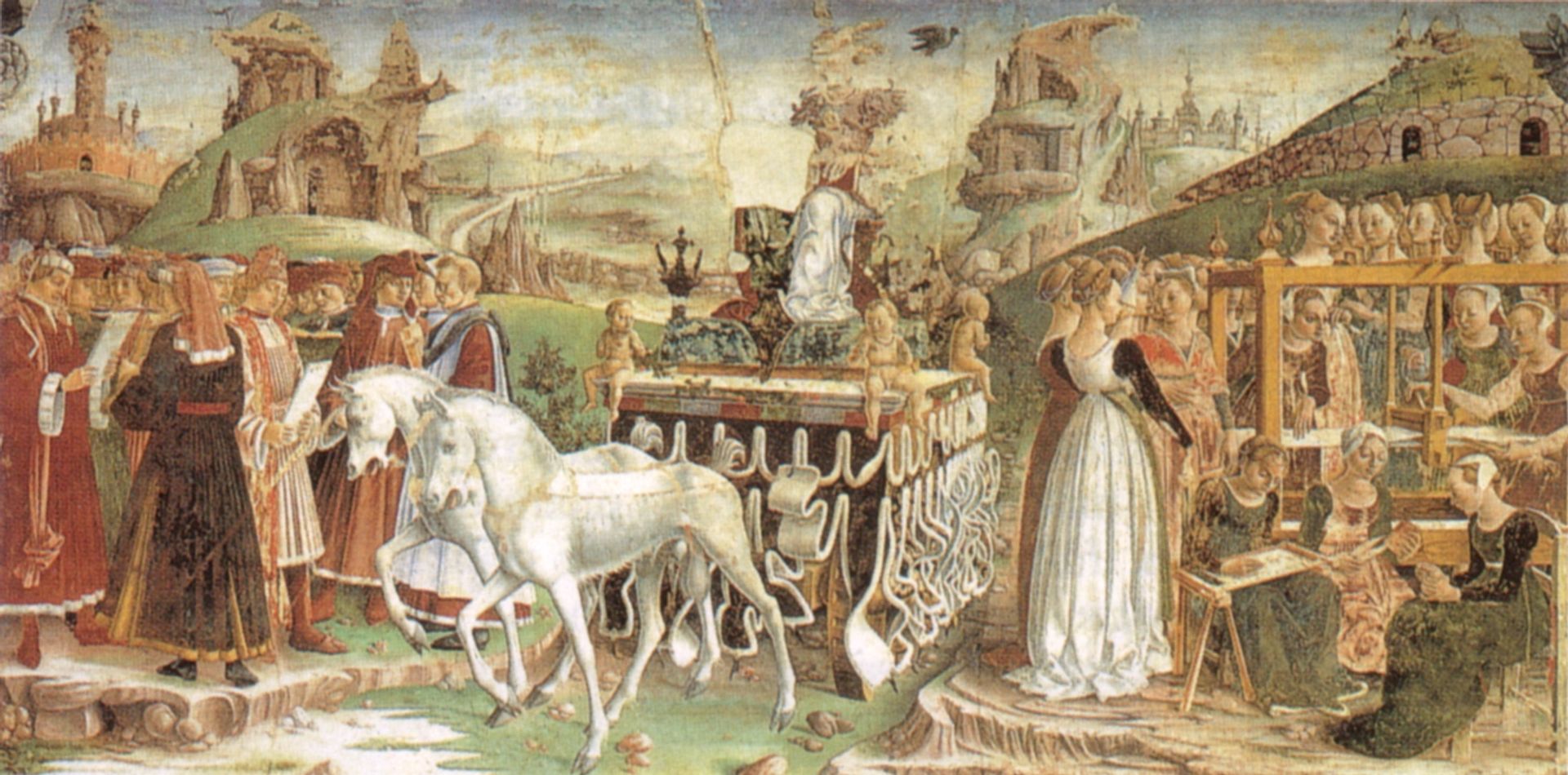 Allegory of March – Triumph of Minerva and Sign of Aries. Frescos in Palazzo Schifanoia (detail) by Francesco del Cossa
