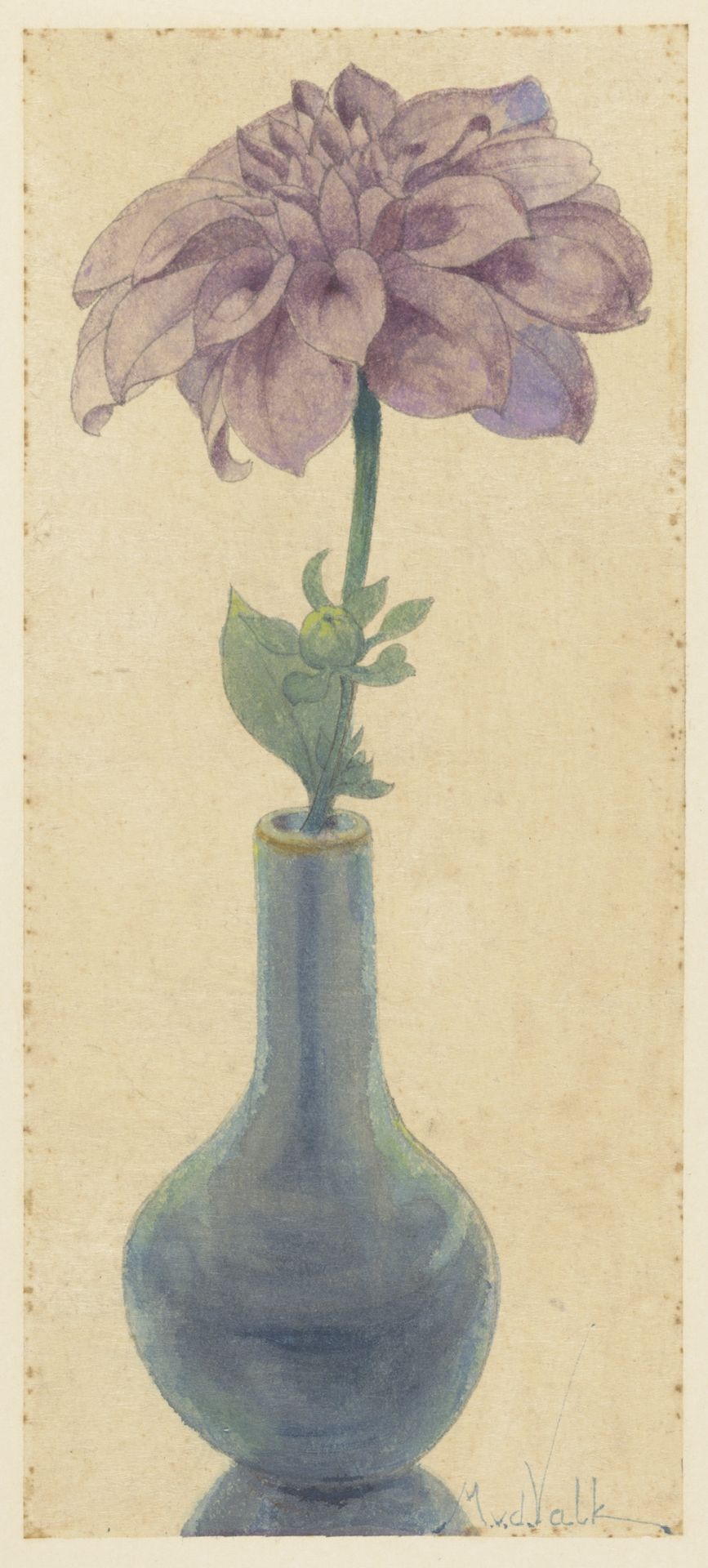Blauw glazen vaasje met lila Dahlia by Maurits van der Valk