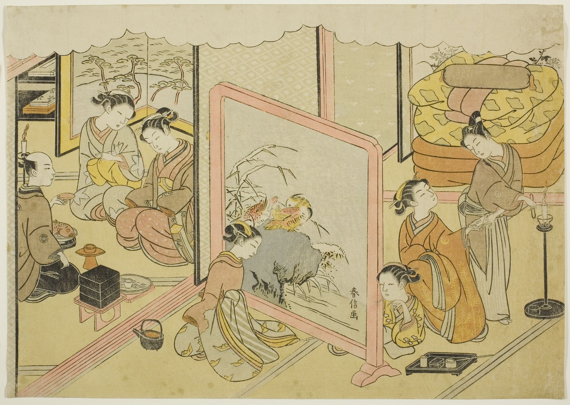 A Cup of Sake before Bed (Toko sakazuki), the sixth sheet of the series "Marriage in Brocade Prints, the Carriage of the Virtuous Woman (Konrei nishiki misao-guruma)" by Suzuki Harunobu 鈴木春信
