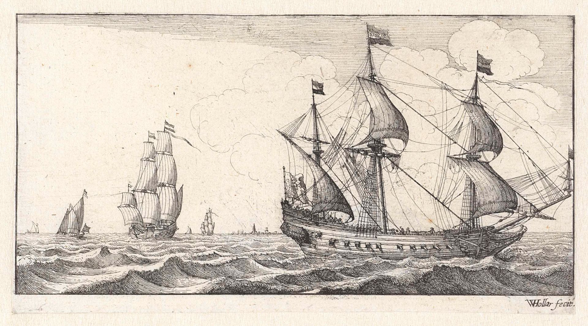 Oorlogsschip met vier zeilen gehesen by Wenceslaus Hollar