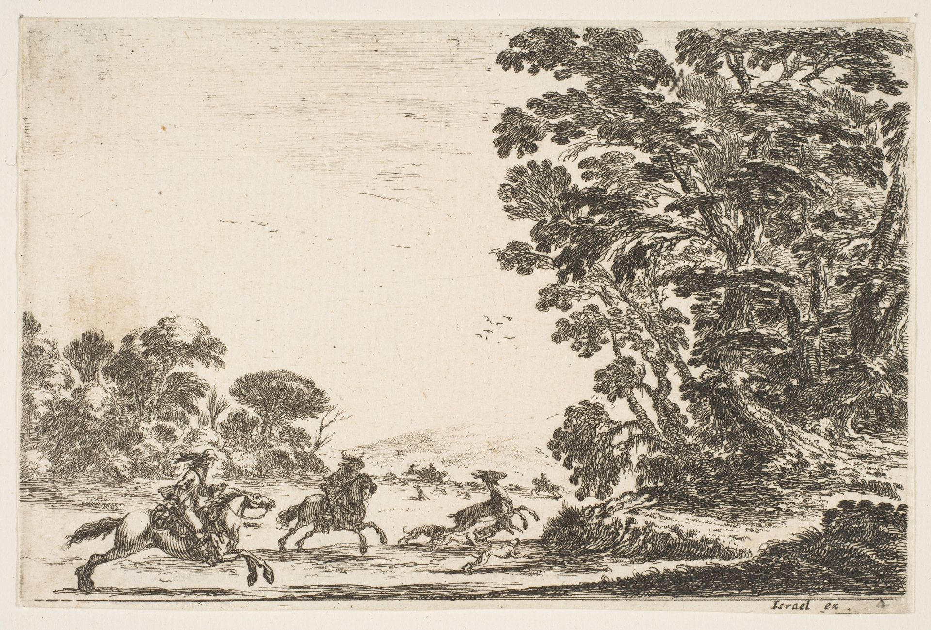 Plate 4: a deer hunt, two horsemen galloping towards the left behind three dogs and a deer, a group of trees to right, from 'Various Figures' (Agréable diversité de figures) by Stefano della Bella