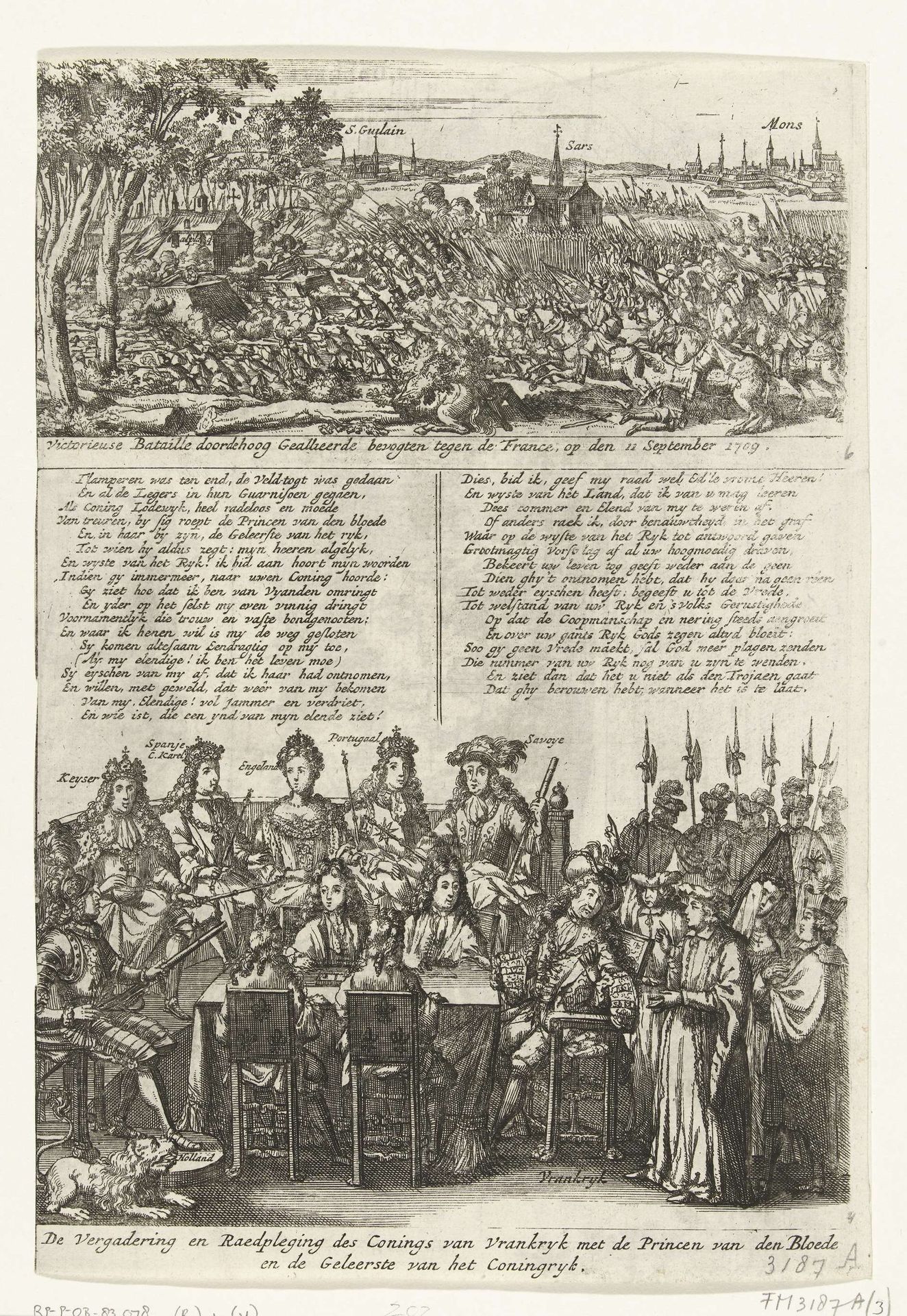 Voorzijde van een blad met twee voorstellingen uit het jaar 1709 by Abraham Allard