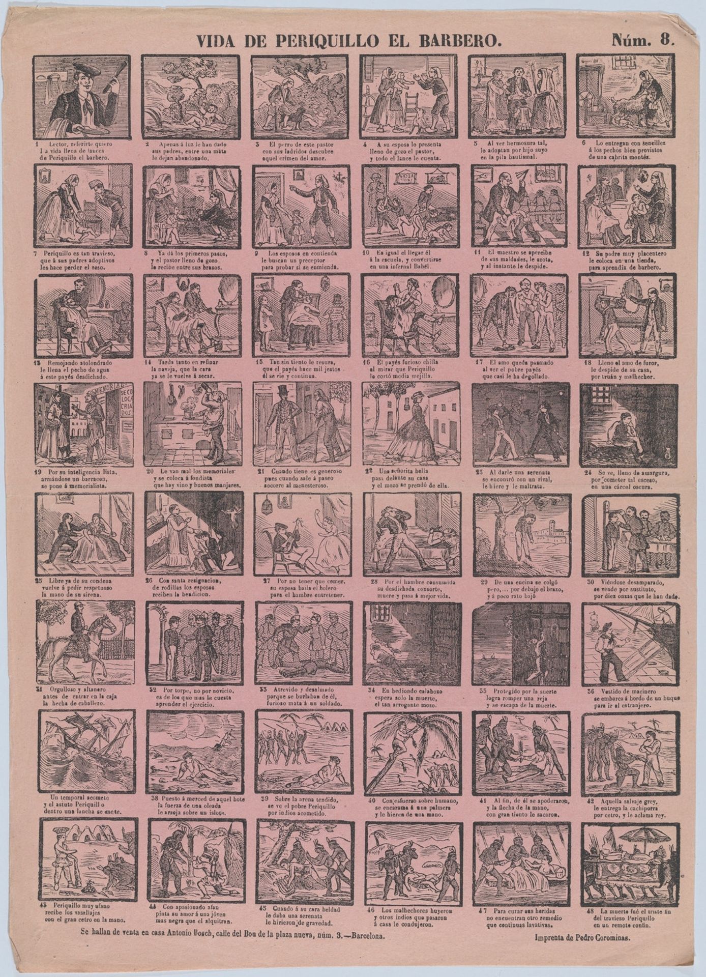 Broadside with 48 scenes from the life of Periquillo the Barber by Antonio Bosch